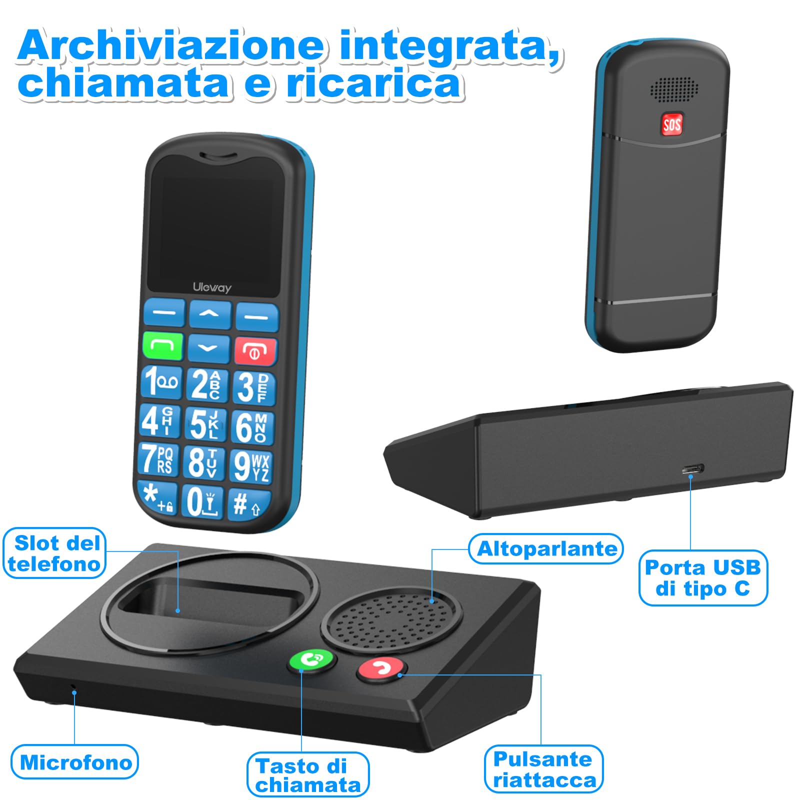 CHAKEYAKE Telefono Cellulare per Anziani 4G Senza Contratto, Cellulare per Anziani con Grandi Tasti, Bluetooth e Base di Ricarica, Volume Alto, Pulsante SOS, Chiamata Rapida, Radio FM