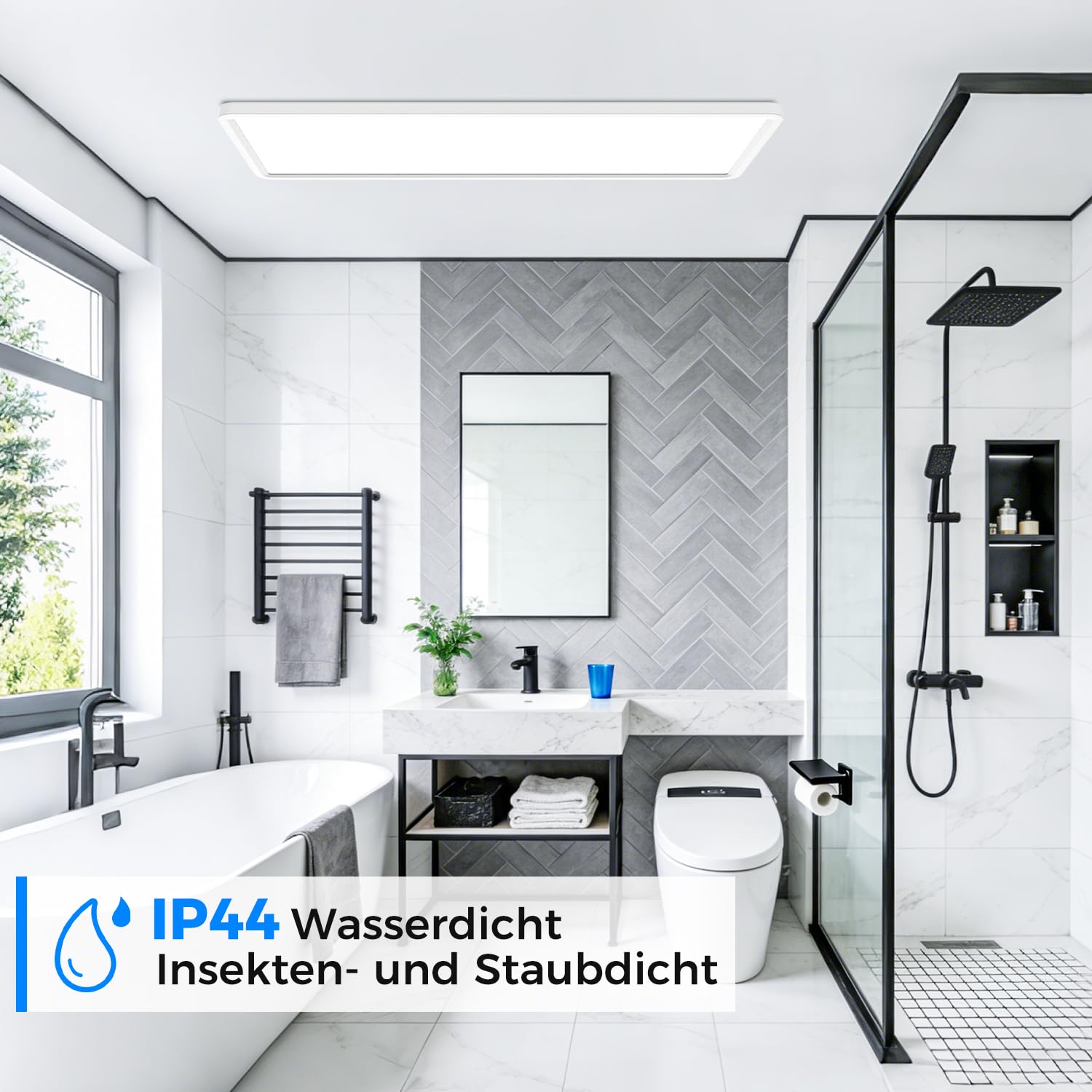 Peasur LED Deckenleuchte Flach 58x20cm 3500LM, Deckenlampe Dimmbar mit Fernbedienung 3000K-6500K, IP44 Küche Deckenleuchte Rechteckig LED Panel für Wohnzimmer Schlafzimmer Badezimmer Büro