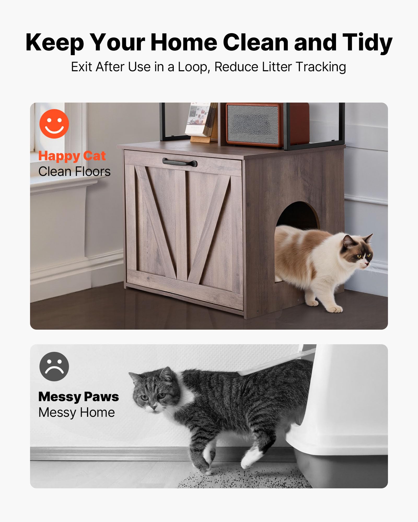 VEVOR Mueble para Caja de Arena para Gatos 60 x 50 x 127 cm, Armario para Arenero de Gatos, con Estantes de Almacenamiento Entrada Lateral Puerta, Estilo Moderno, Casa para Mascotas en Interior Hogar