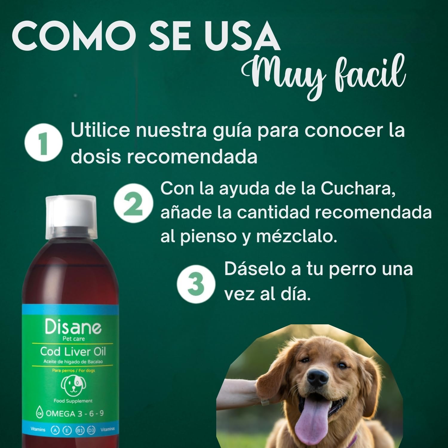 DISANE Aceite de Hígado de Bacalao Perros | 500ml| Suplemento Natural para Cuidado de Las Articulaciones y el Pelaje | Fuente de Omega 3 y Vitaminas para Perros