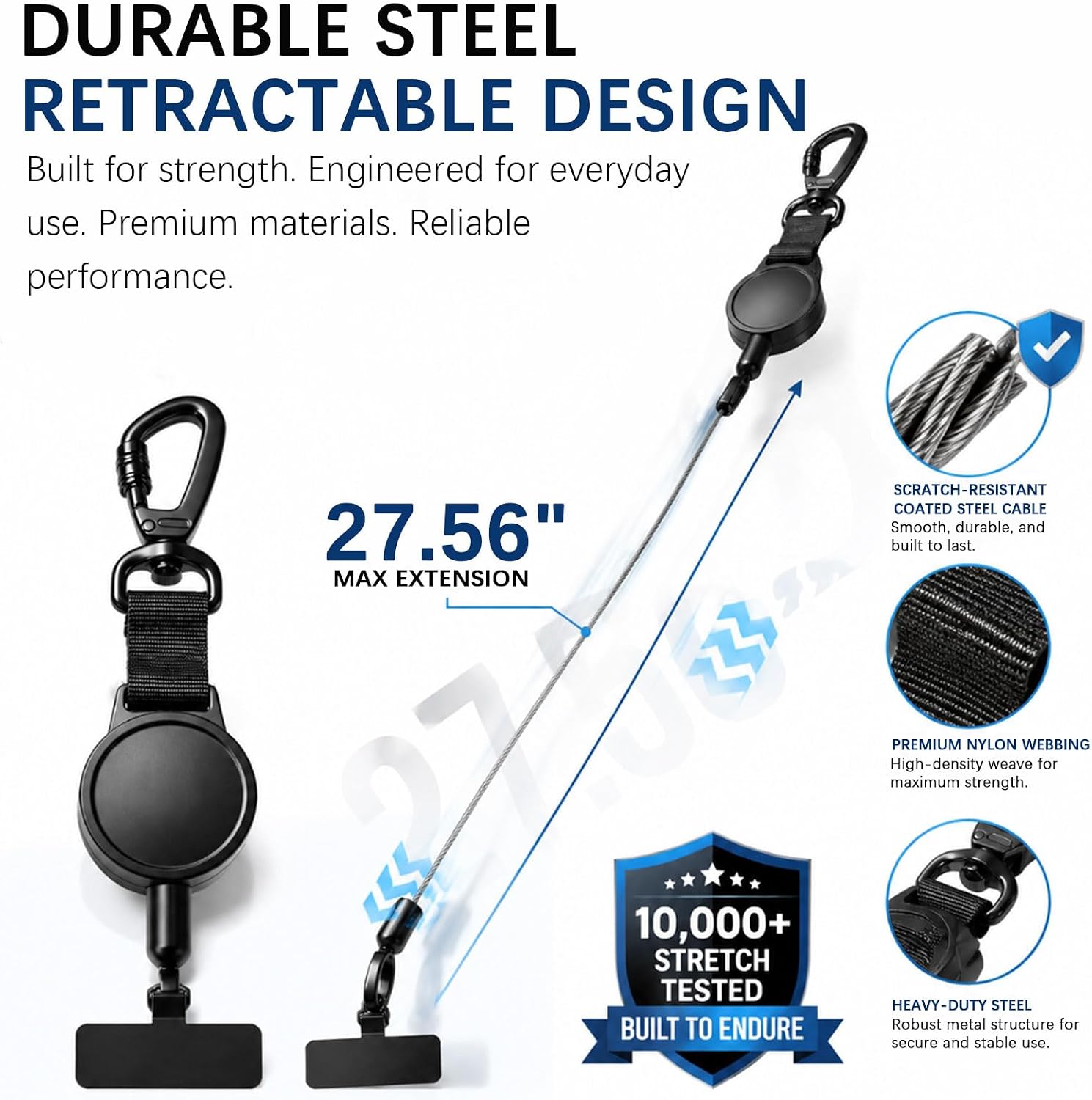 Rosmas Retractable Anti‑Loss Phone Tether with Locking Metal Clip, Heavy Duty Steel Cable, Secure Phone Lanyard,Metal 360° Tether Tab for Daily Carry, Travel & Outdoor(Black)