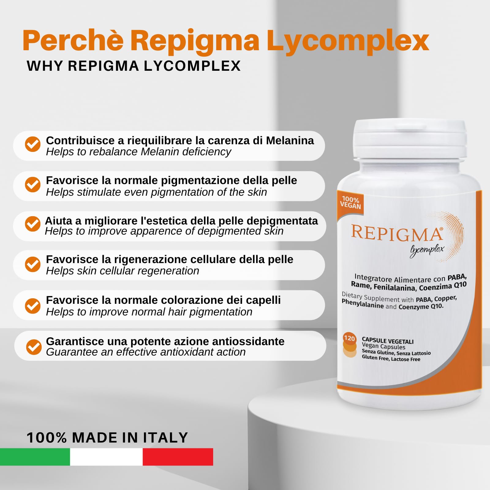 Repigma Lycomplex - Complemento alimenticio útil en el tratamiento del vitíligo y de las manchas blancas de la piel - Envase de 120 cápsulas