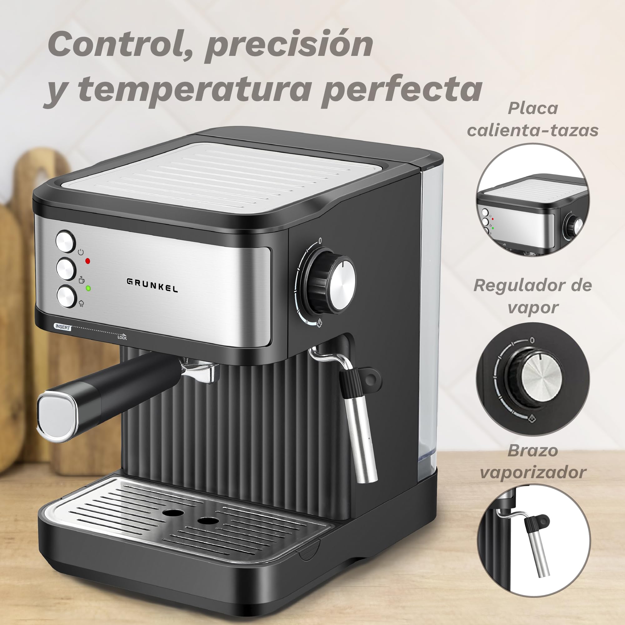 Grunkel Cafetera Espresso de 20 Bares, 850W, Panel Táctil/analogico con vaporizador orientable y brazo doble salida Depósito 1,8L (Analógica)
