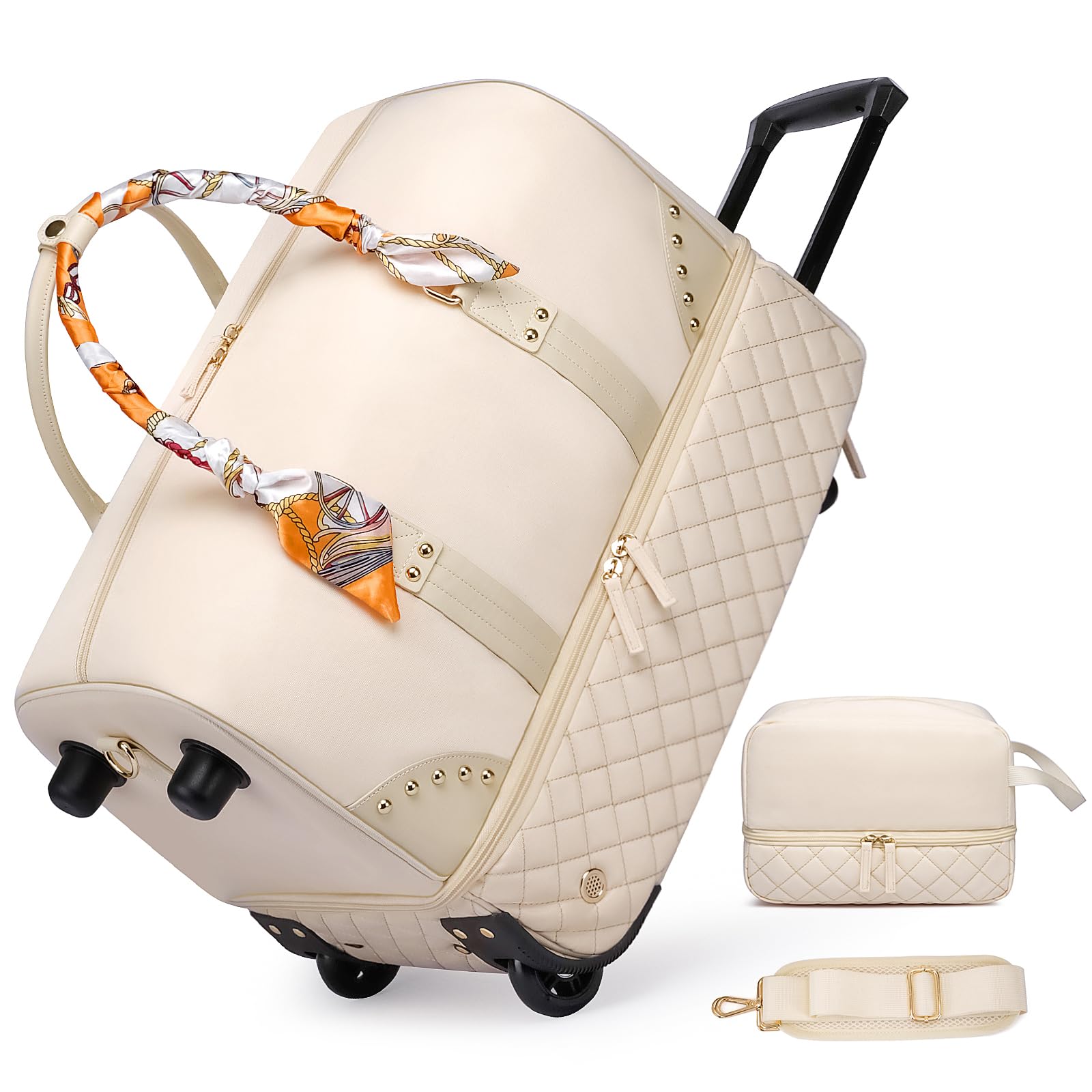 AIENJIU Rolling Duffle Bag with Wheels, 22 Inch Travel Rolling Duffle Bag Flight Approved with Toiletry Bag, Carry on Luggage Bags for Women with Shoe Compartment, Beige