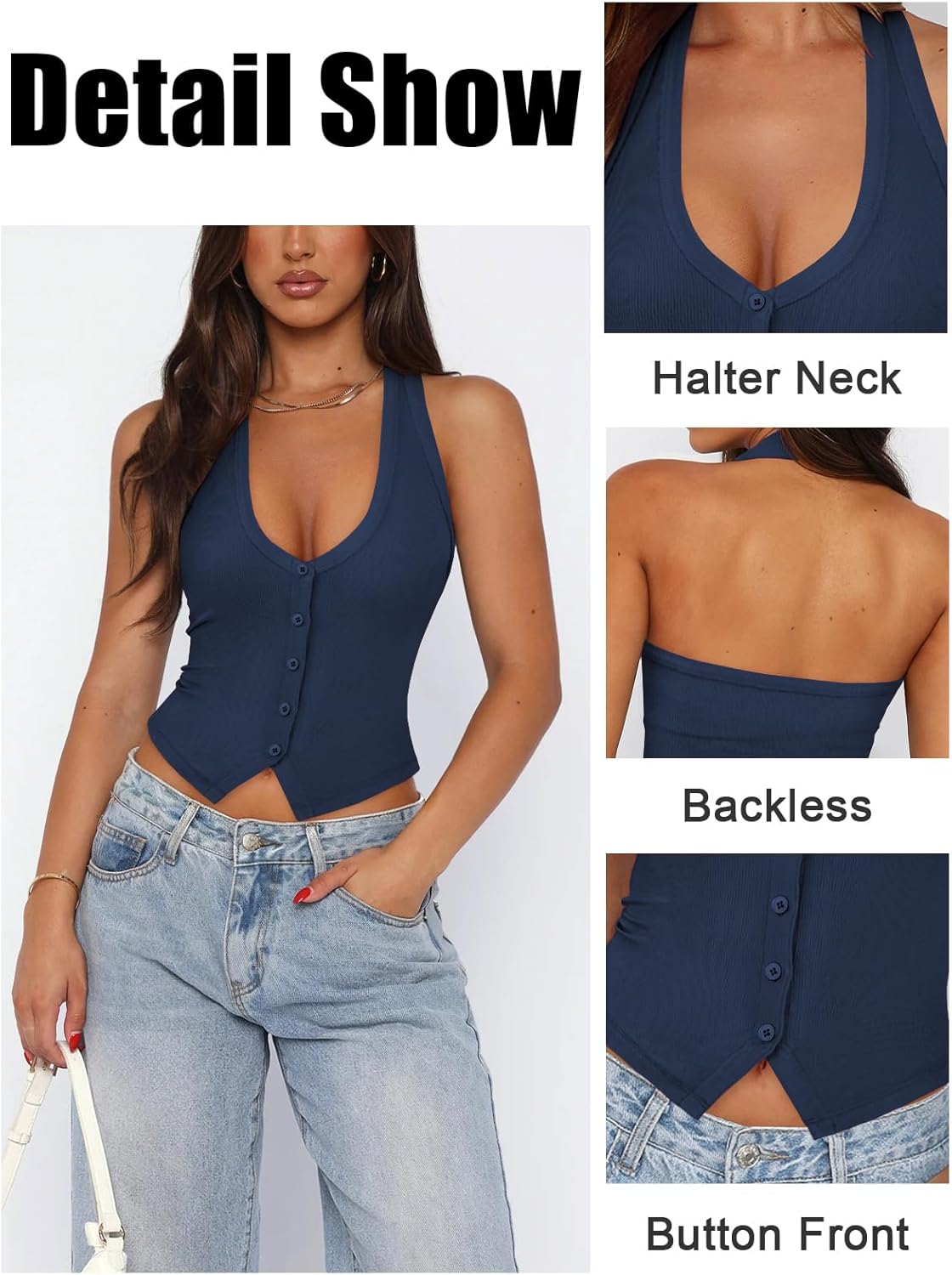 Womens Button Down Tank Top for Women Ribbed Button Up Halter Fitted Vest Summer Sexy Trendy Cute Crop Going Out Tops - Image 4