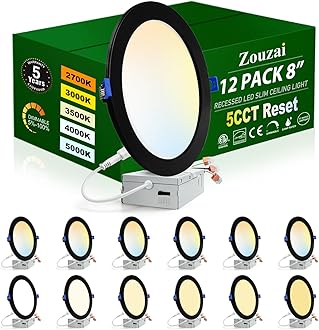 zouzai 12 Pack 8 inch 18W Eqv 150W 1685LM 5CCT Ultra-Thin LED Recessed Ceiling Light with Junction Box, 2700K/3000K/3500K/4000K/5000K Selectable,Dimmable 5%-100% - ETL and Energy Star Certified