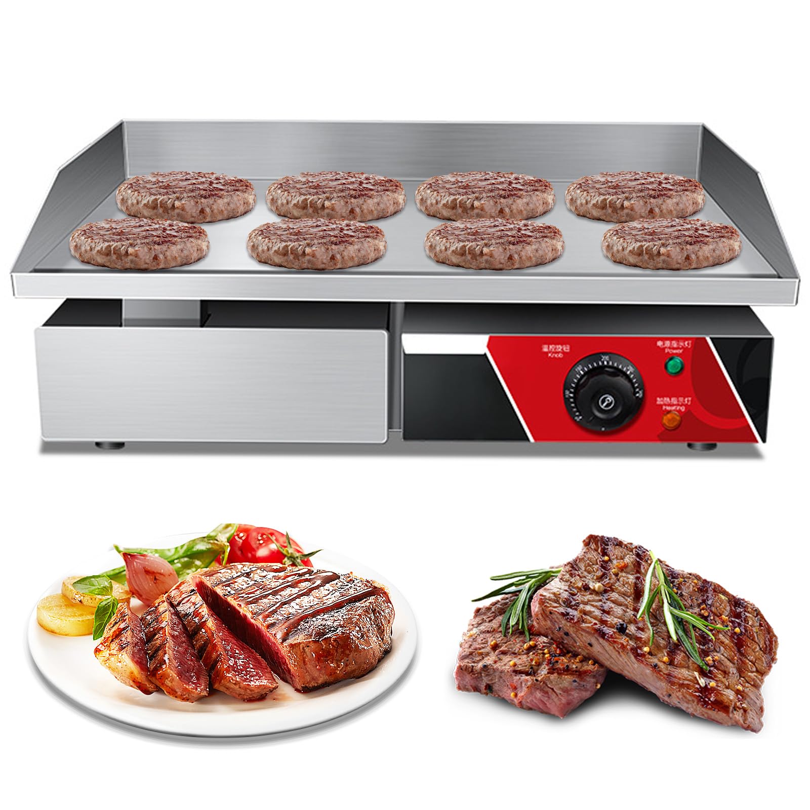 Plancha Eléctrica Pro Plancha De Hierro Fundido, Termostático De 50 A 300 °C, Antisalpicadura, Plancha Barbacoa Acero Inoxidable Superficie Lisa, Protector contra Salpicaduras,1200w