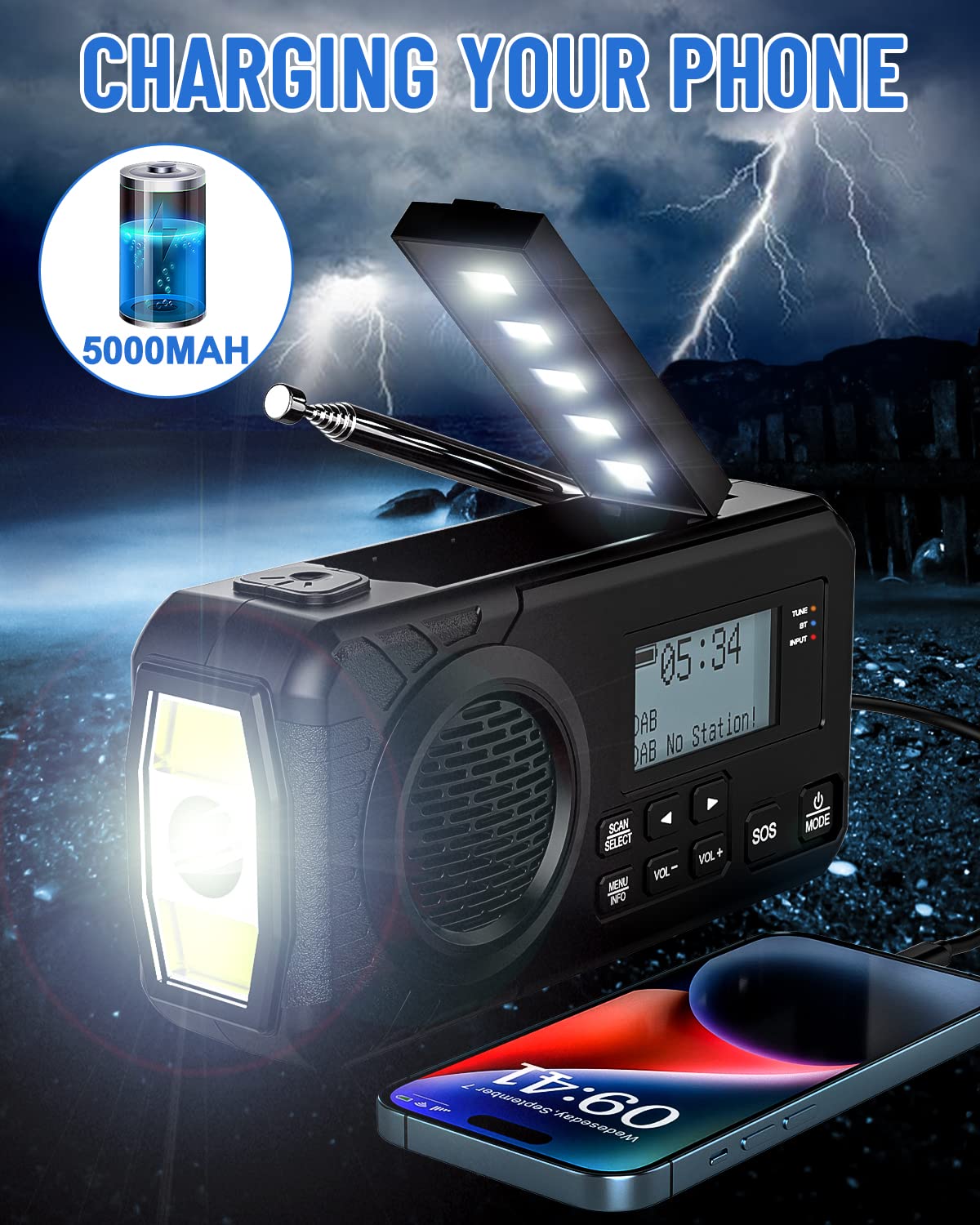 UOHHBOE Radio Solaire Dab/FM 5000mAh Radio Portables USB-C Rechargeable Dynamo Survie avec Manivelle Lampe Poche Lampe Lecture Alarme SOS pour Camping Randonnée Urgence