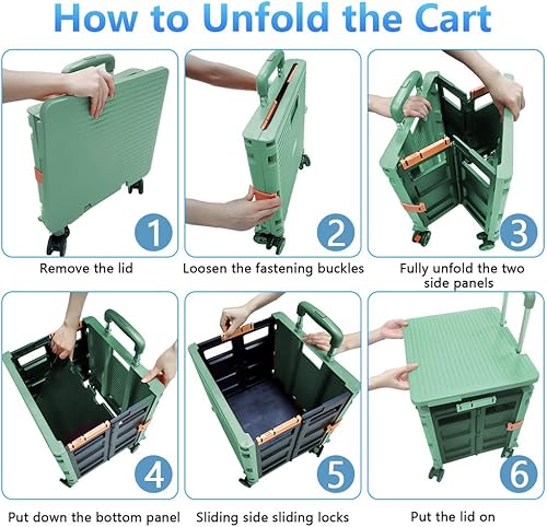 Miniatura 5 de Carrito plegable portátil con ruedas para compras, 4 ruedas giratorias con mango telescópico de plástico duradero y resistente, para viajes,