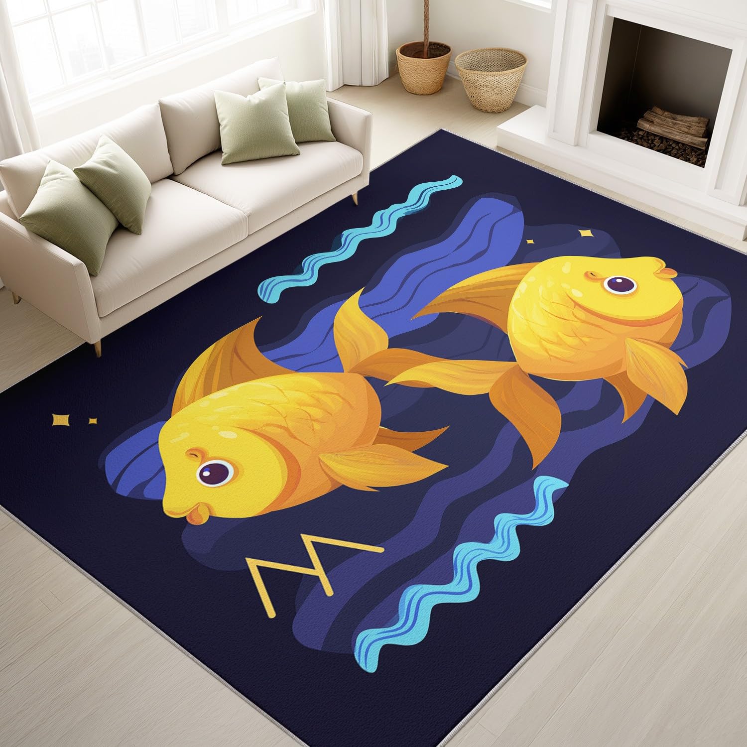 Générique Dywan nadający się do prania w pralce salon 120 x 180 cm Cartoon Dywan Ocean Niski Włosie Miękkie Antypoślizgowe Śliczne Zabawne Pływanie Ławka Ryby Sypialnia Kuchnia Przedpokój Relaks