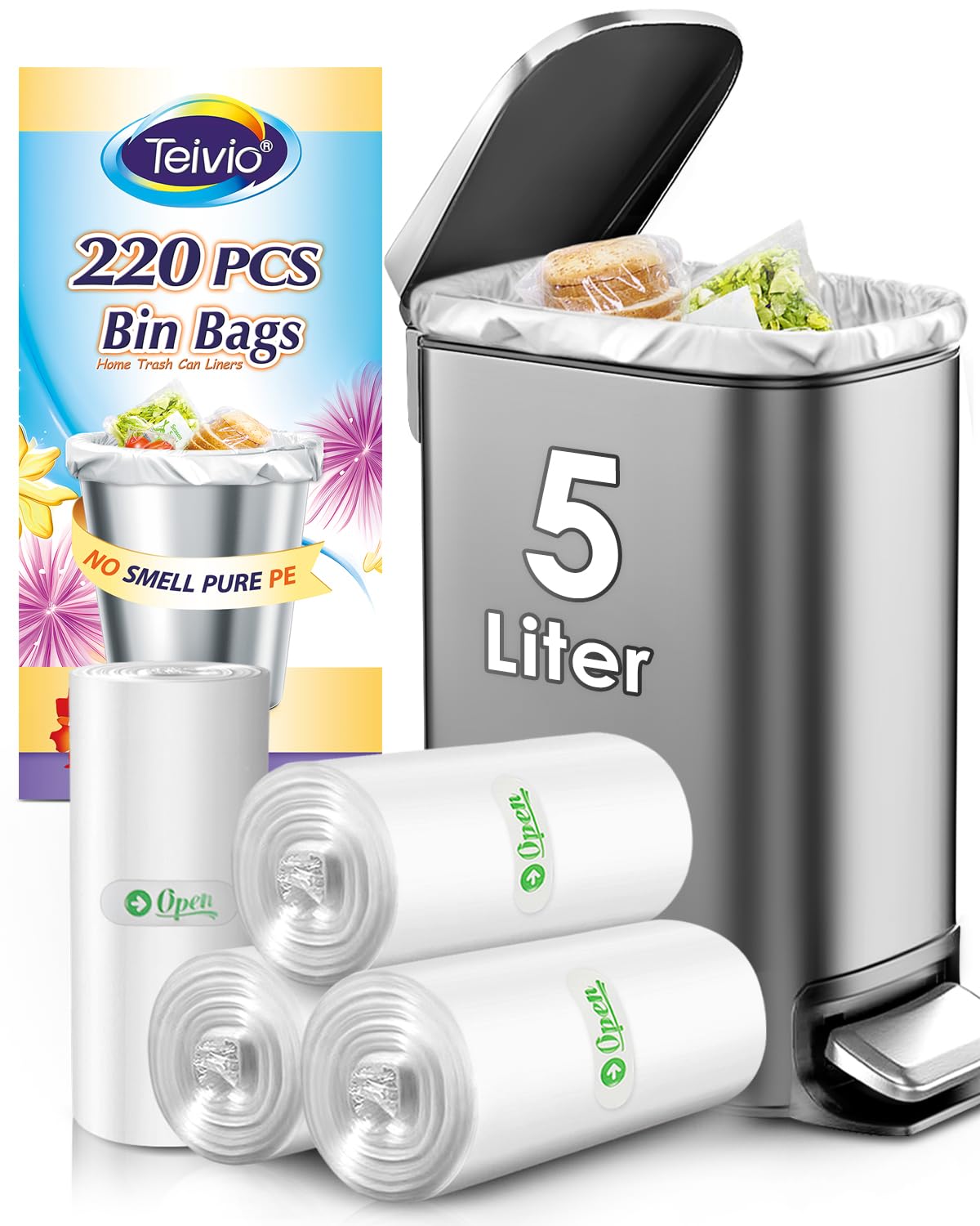 5 Liter Small Pedal Bin Bags, 220 Count Mini Bin Liners Thick Plastic Waste Bags for Bathroom, Kitchen, Office, Fit 3-5L Rubbish Bin, Clear