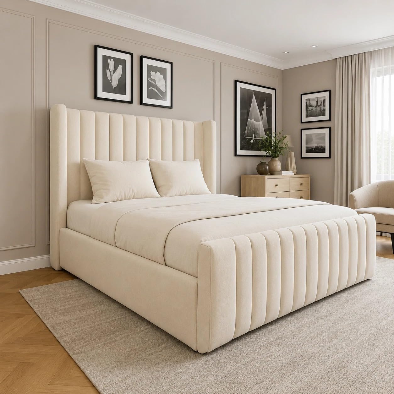 iq beds Padded Bed Frame With Winged Panel Headboard - Upholstered Bed with Gas Lift Storage Choice Modern Bedroom Furniture for Single Small Double Double King and Super King 3ft-6ft