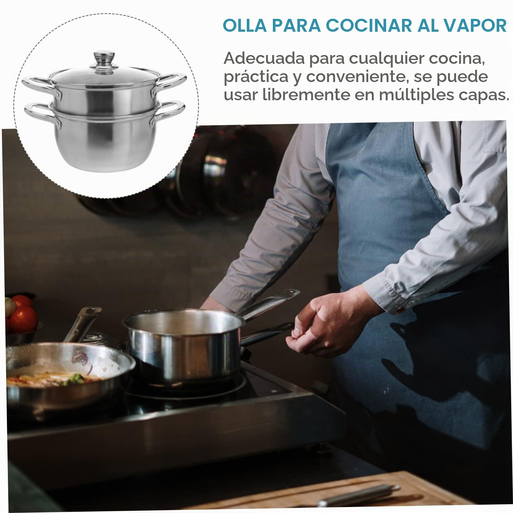 Vaporera Acero Inoxidable de 2 Niveles, Olla Vaporera para Verduras Tapa de Vidrio y Mango, Apta Cocina