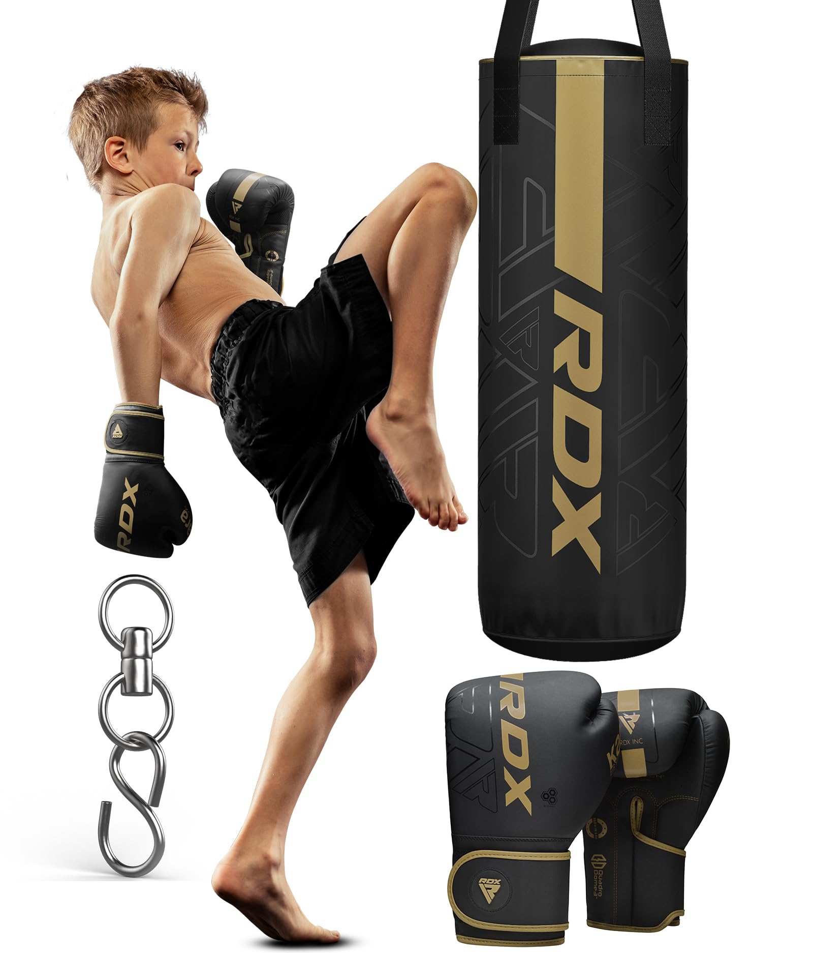 RDX Filled Kids Punch Bag, 60CM Maya Hide Leather Hanging Junior Set for MMA Muay Thai Karate Kickboxing Training, Youth Punching Bag for Girls Boys Children