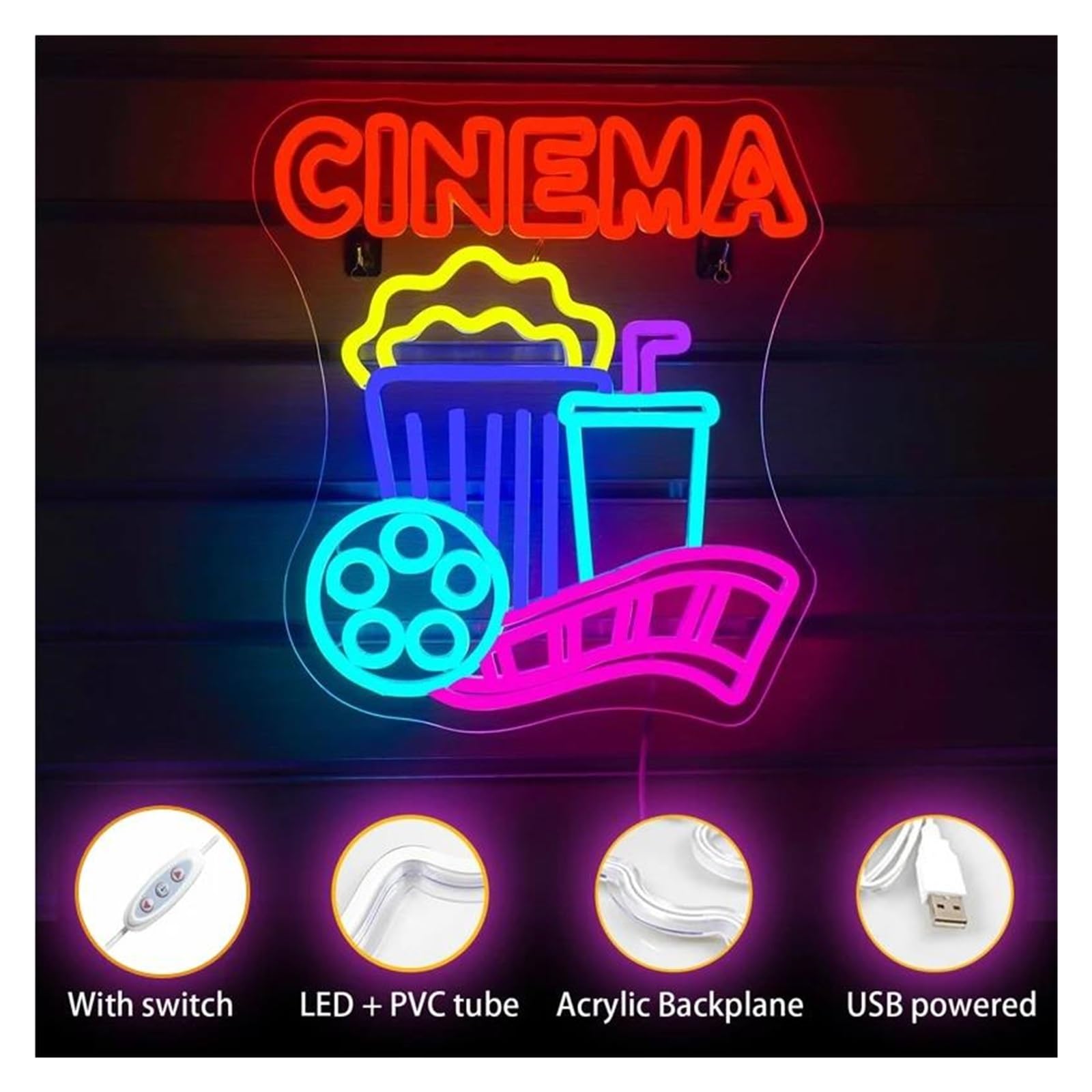 Insegna al Neon LED Insegna Al Neon Cinema Popcorn LED Atmosfera Luminosa Per Cinema Sala Proiezioni Cinema Festa Di Compleanno Teatro Decorazione Da Parete 32.5cmx36.5cm