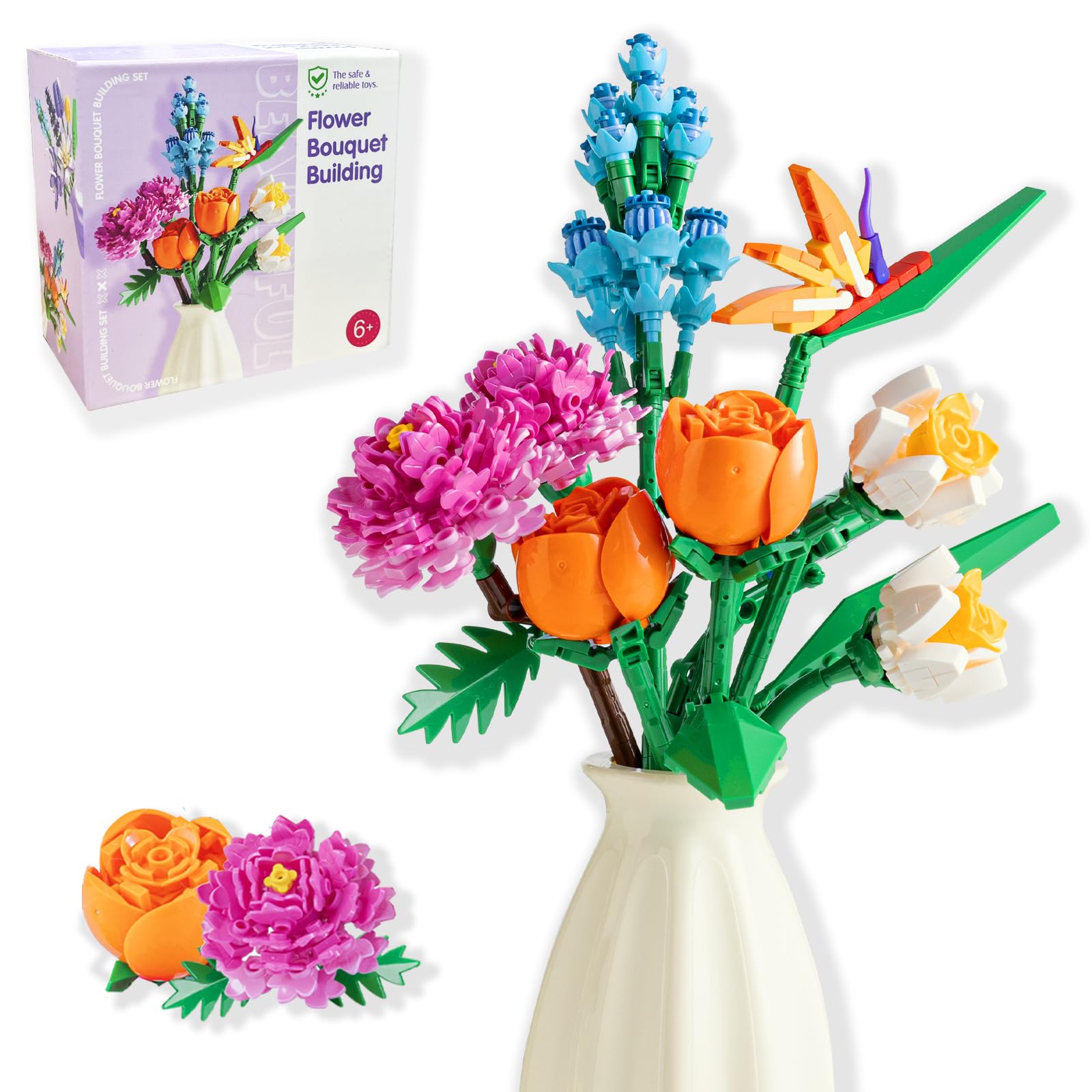 qesfir Flower Bouquet Building Set with Vase - Artificial Wildflower Botanical Collection Building Block, Plant Flower Kit, DIY Mini Micro Bricks Home Decor Gift for Birthday Mother's Day