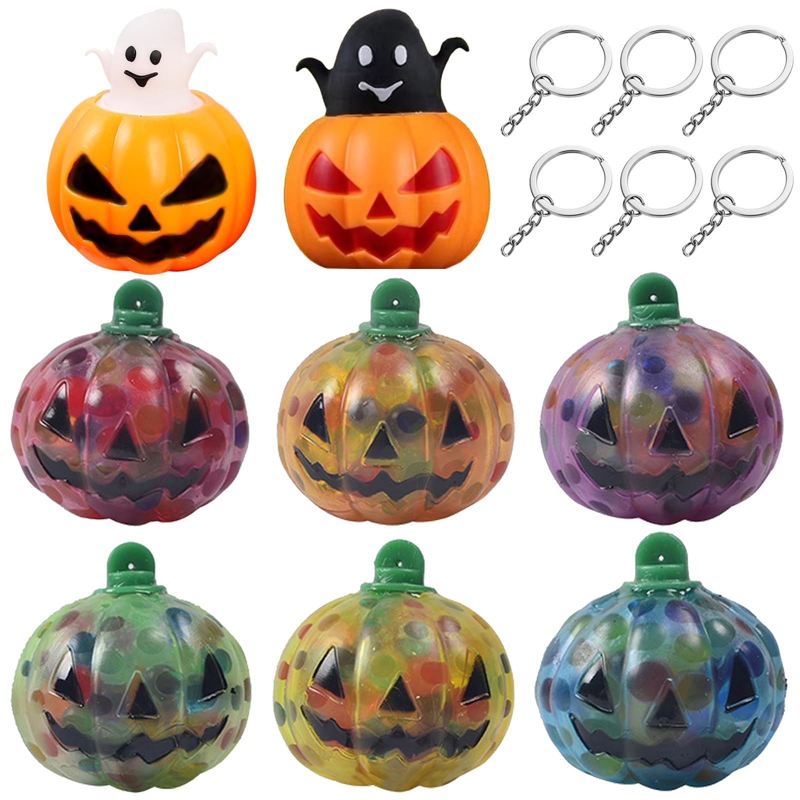 8 Piece Halloween Squeeze Toy Stress Balls Halloween Toys for Kids Pumpkin Stress Ball with 6 Keychains for Children's Parties, Gifts