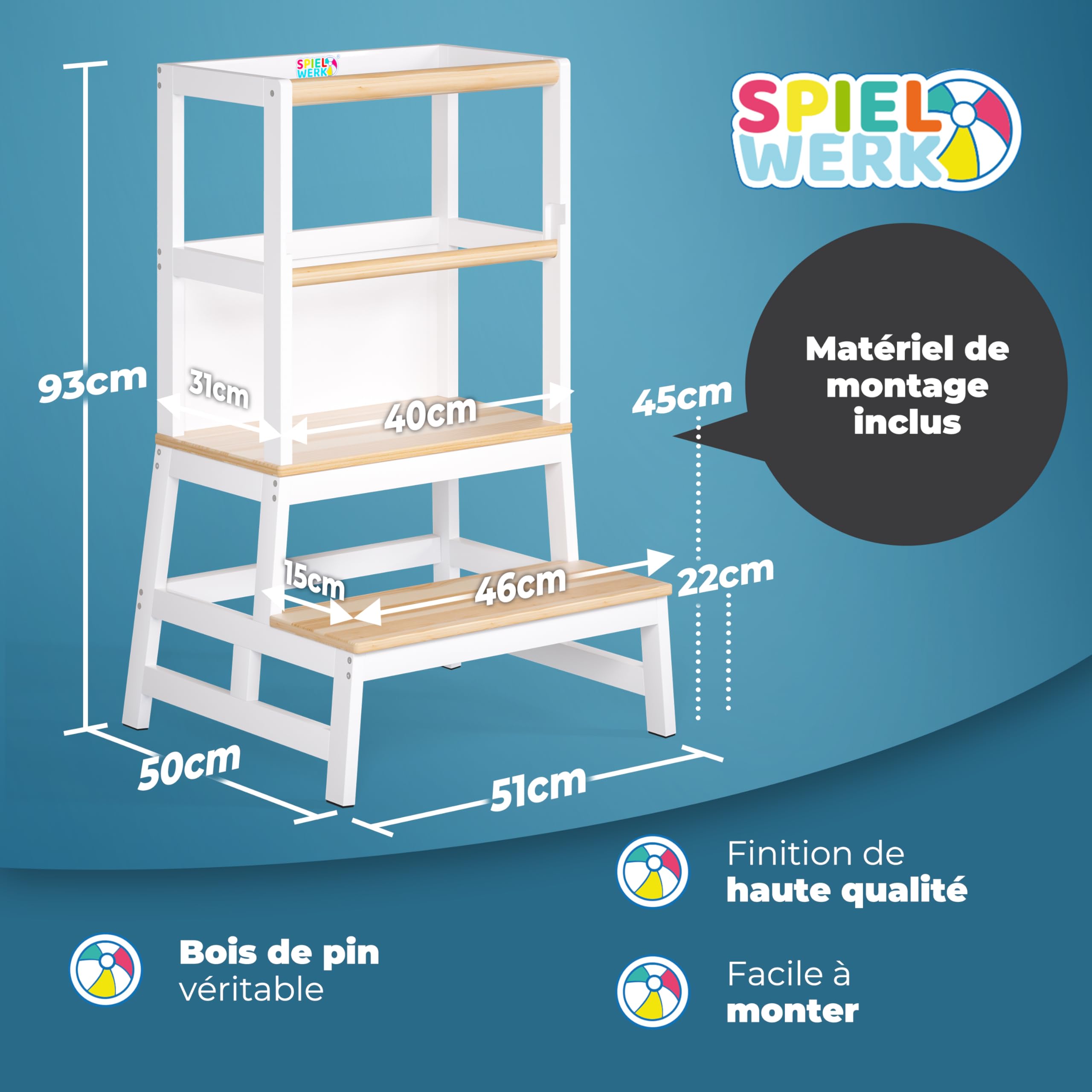 Spielwerk® Tour d'Observation Montessori en Bois pour Enfant, Stable et Sécurisée, Hauteur 93cm - Tour d'apprentissage avec Tableau noir, Marchepied Bois de Pin Blanc - Dès 2 ans