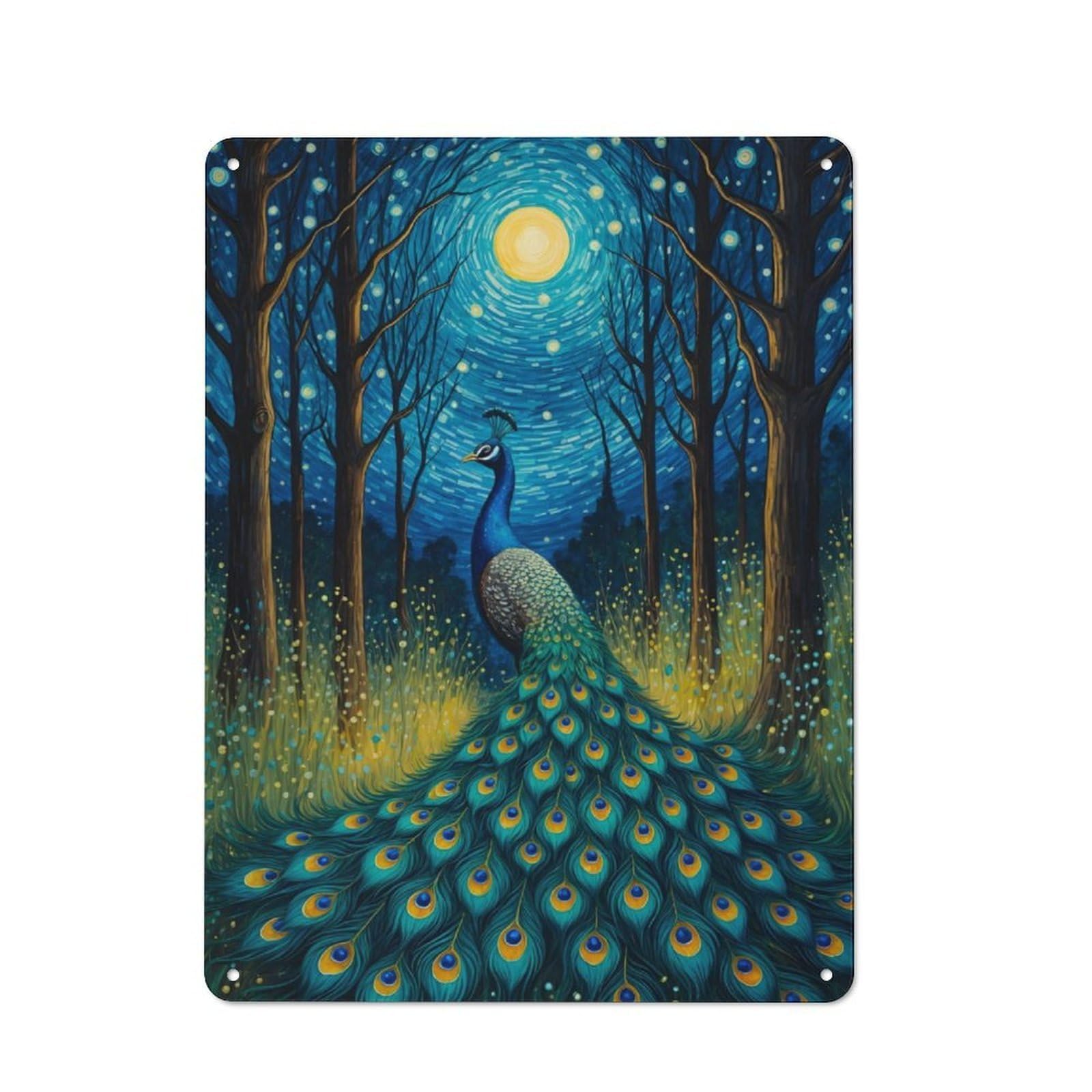 Junmoney Peacock Moonlight Starry Night Industrial Metal Wall Decor 40X30cm, Metal Wall Sign For Tool Room, Garage, Studio Or Home Bar