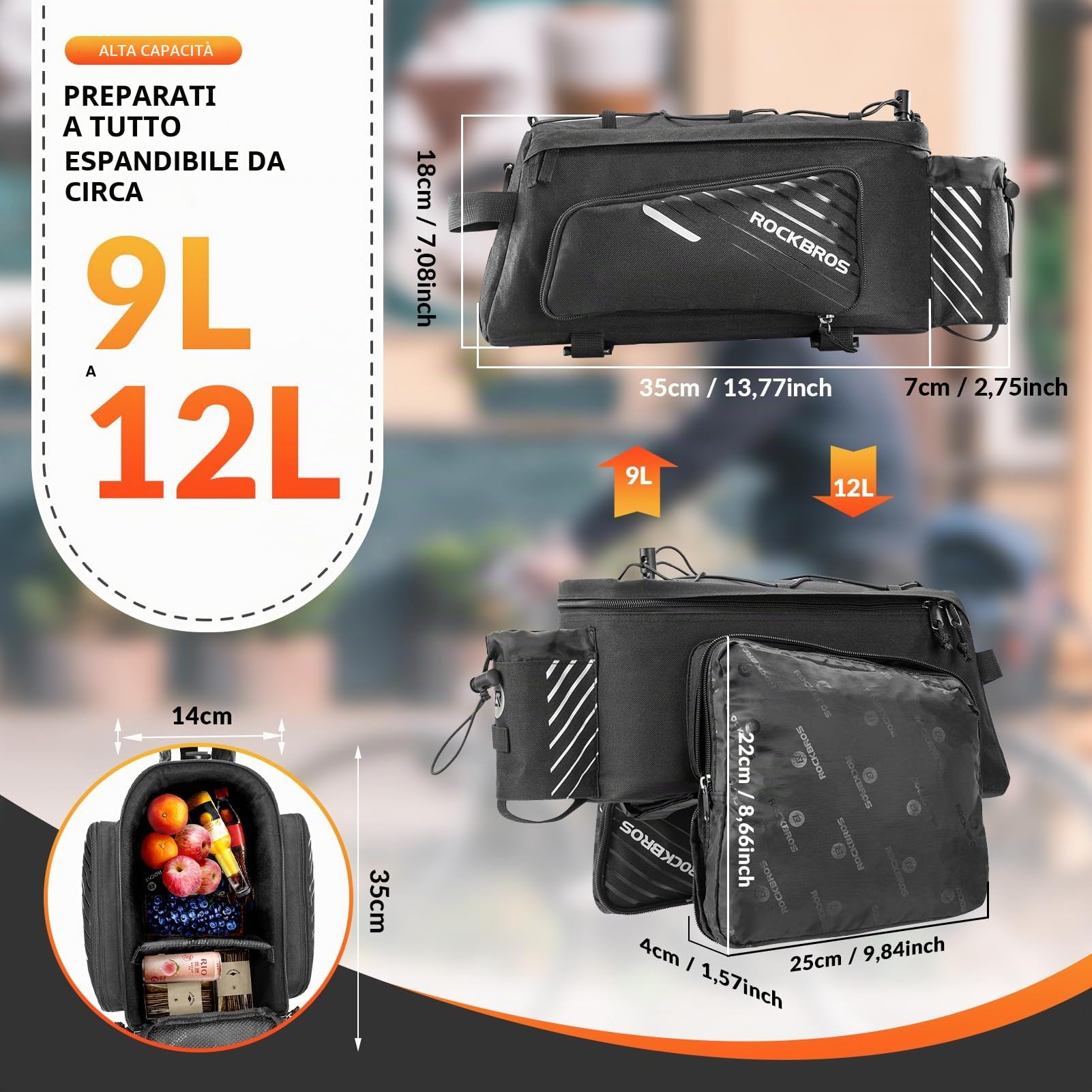ROCKBROS Borsa Bici Posteriore, Portapacchi Laterali MTB - Bagagli per Bicicletta - Bauletti Multifunzionale, Grande Capacità Estensibile 9-12L per Ciclismo con Copertura Anti-Pioggia