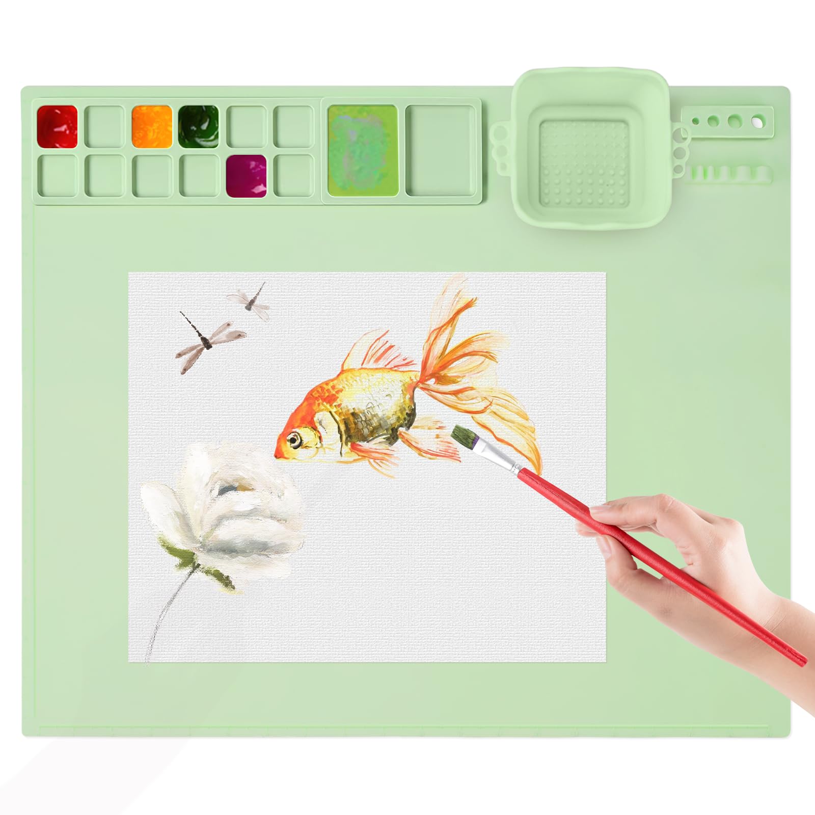 AubecoSilicone Craft Mat With Built-in Cleaning Cup and Paint Holder, Large, 19.9" x 16.9", Nonslip Green Mat For Painting, Table, Resin, Play