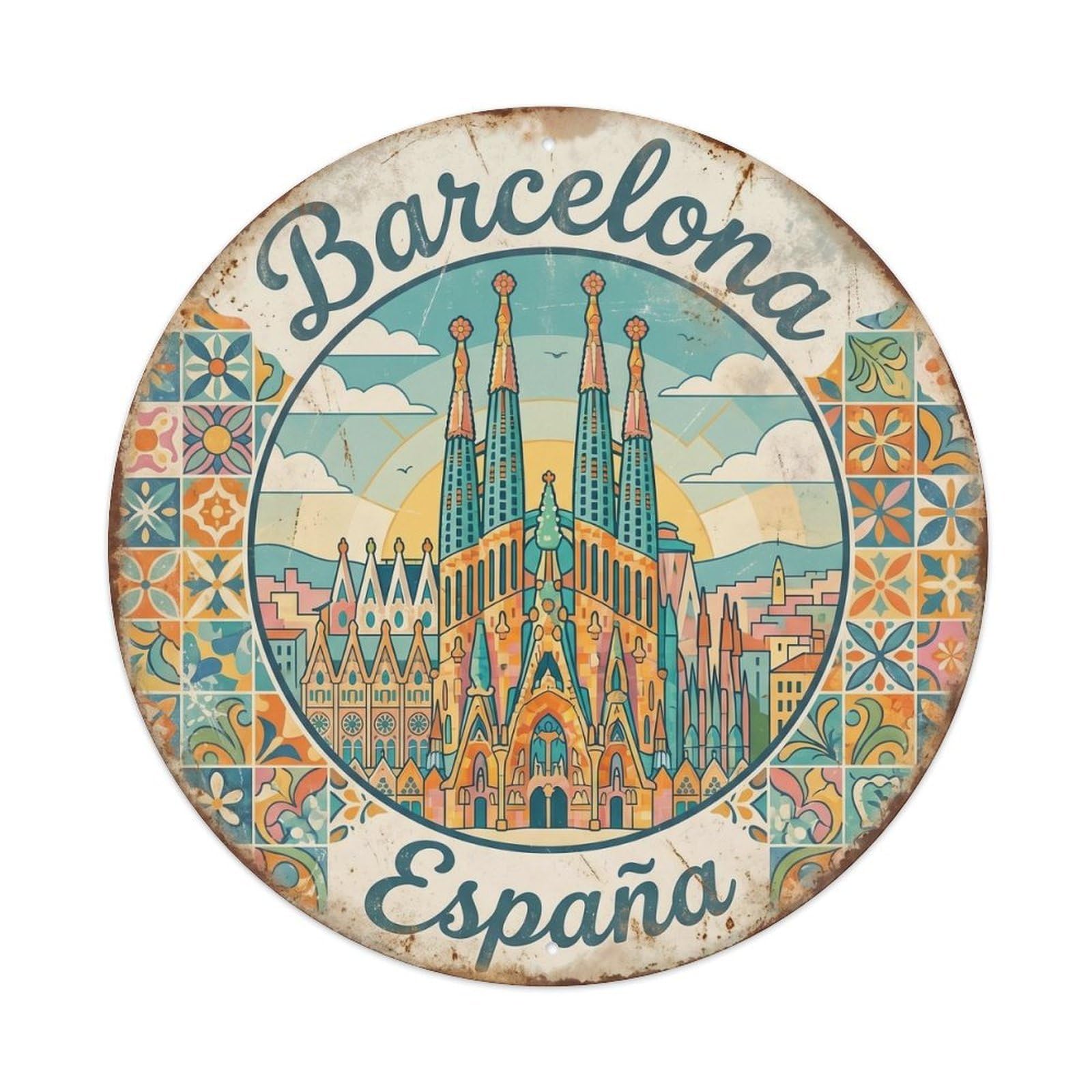 City Landmark Barcelona Espana Classic Destination Heritage Metal Tin Sign Plaque Wall Decor for Cafe, Man Cave, Club Bar, Office, Home Garden Round Metal Poster 8x8Inch