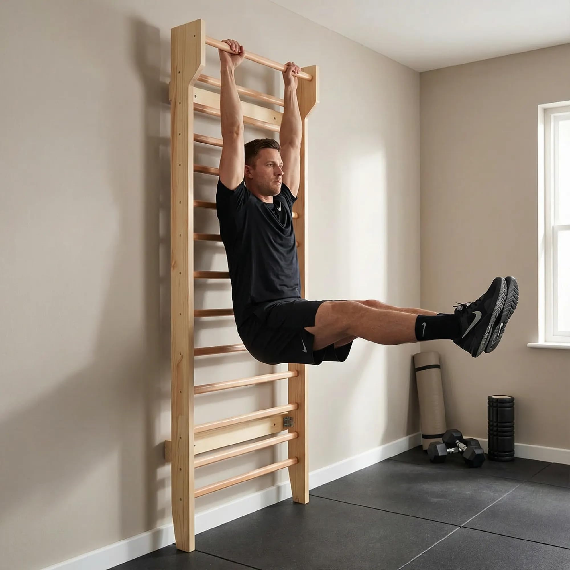 Drewniana ścianka ze szczeblami 230 x 80 cm – ścianka gimnastyczna stabilna do 200 kg – ścianka wspinaczkowa do wnętrz z drewna sosnowego i bukowego – urządzenie fitness dla dzieci i dorosłych
