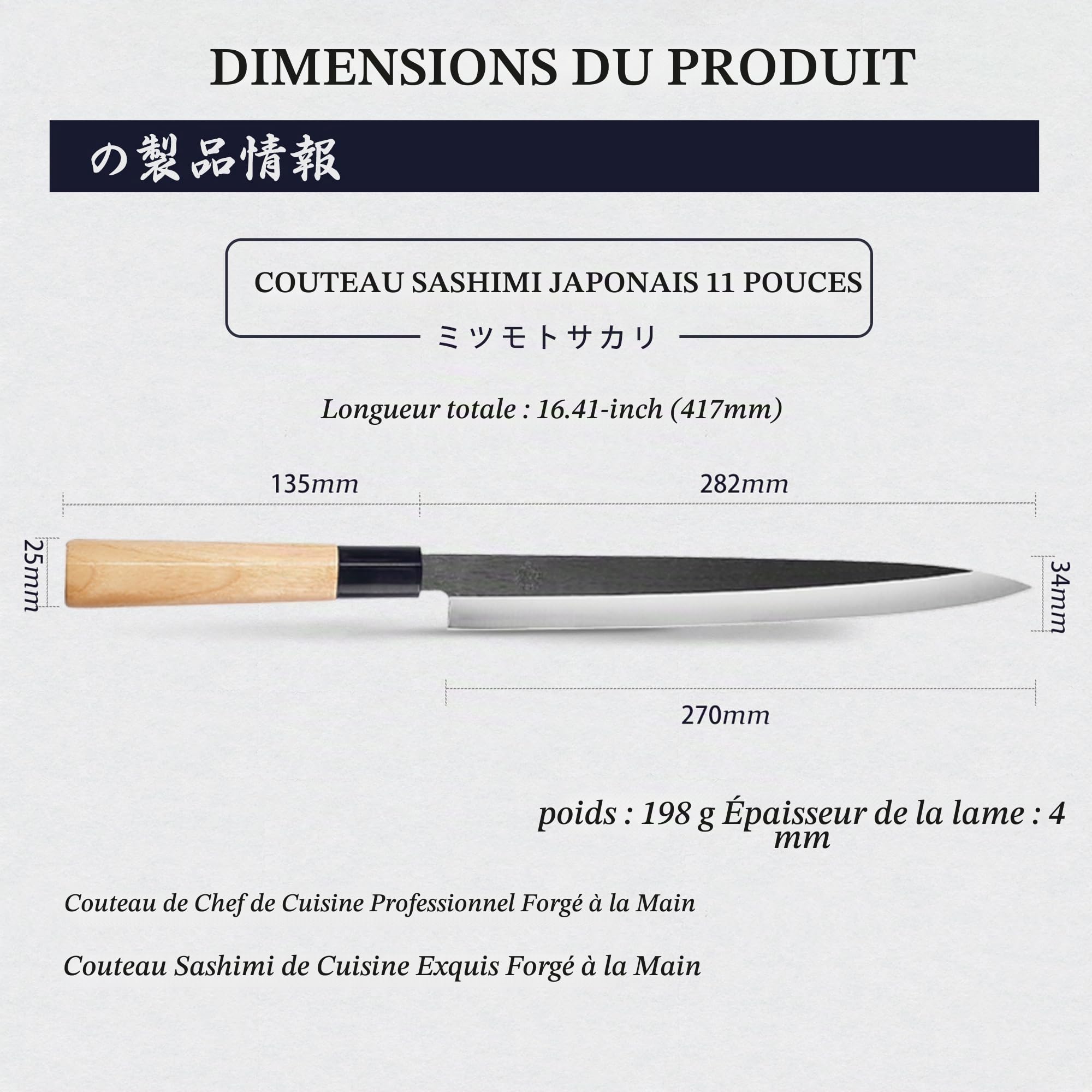 MITSUMOTO SAKARI Couteau Sashimi 28 cm, Couteau Japonais Professionnel