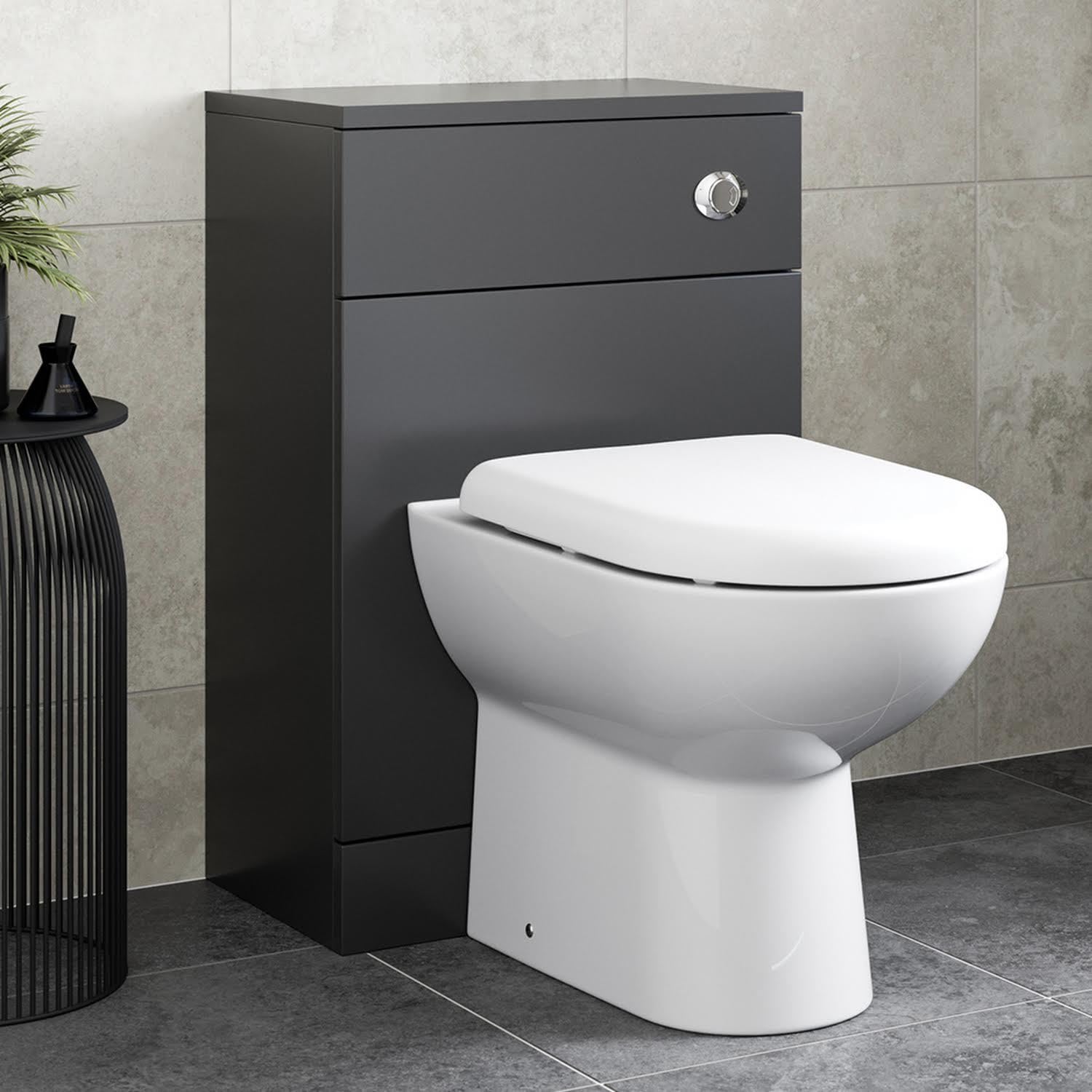 Affine® Modern Bathroom Cloakroom Back to Wall BTW Toilet WC 500mm Furniture Unit D Shape Pan Soft Close Seat, Dual Flush Cistern, Matt Black