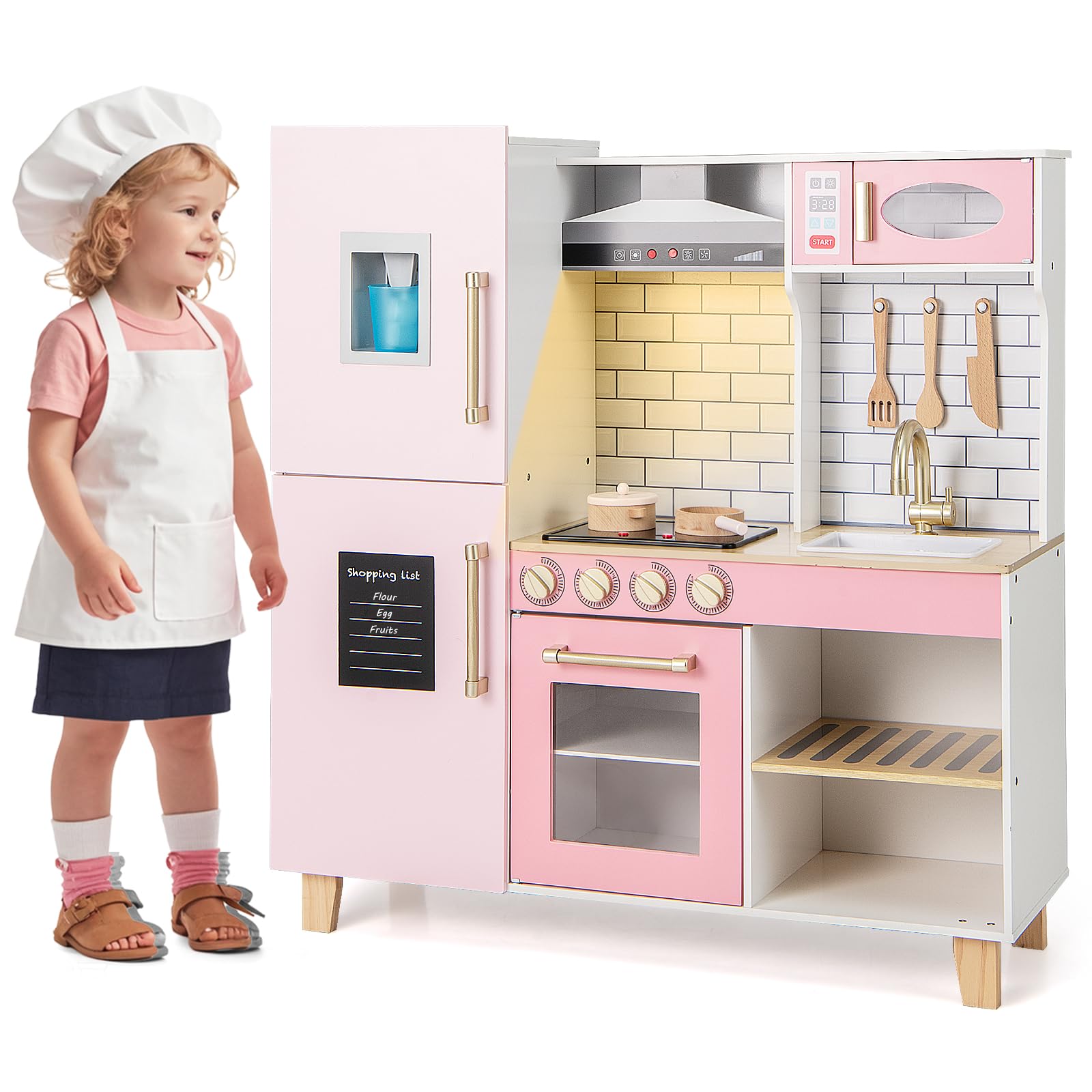 GOPLUS Drewniana kuchnia dziecięca, kuchnia do zabawy z realistycznymi światłami i dźwiękami, okap kuchenny, kuchenka, tablica, dozownik wody, grill, zlew i kran, kuchnia zabawkowa dla dzieci od 3