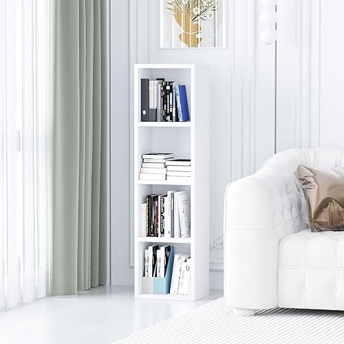 Estantería estrecha de 45.8 pulgadas de alto, 4 niveles de cubo abierto de madera, estantería esquinera para espacios pequeños, oficina en casa,