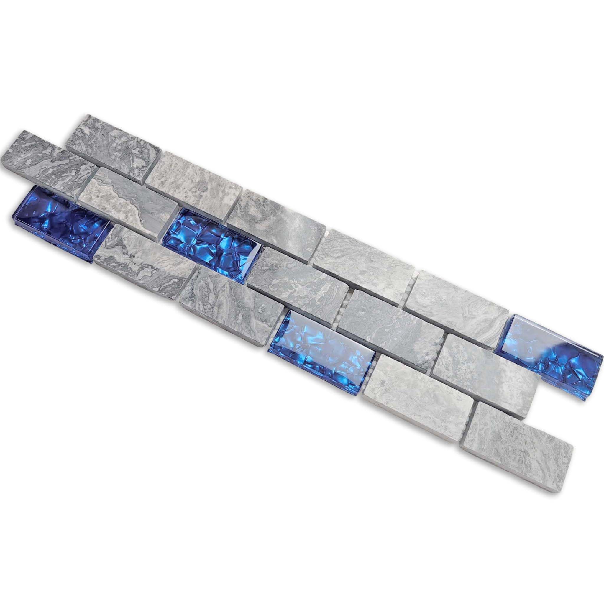 Hominter Blue Crystal Glass & Gray Stone Mosaic 1x2 Subway Tile, Natural Veining Polished Marble for Kitchen Backsplashes, Accent Walls and Bathroom Shower Tiles (3x12 Sample)