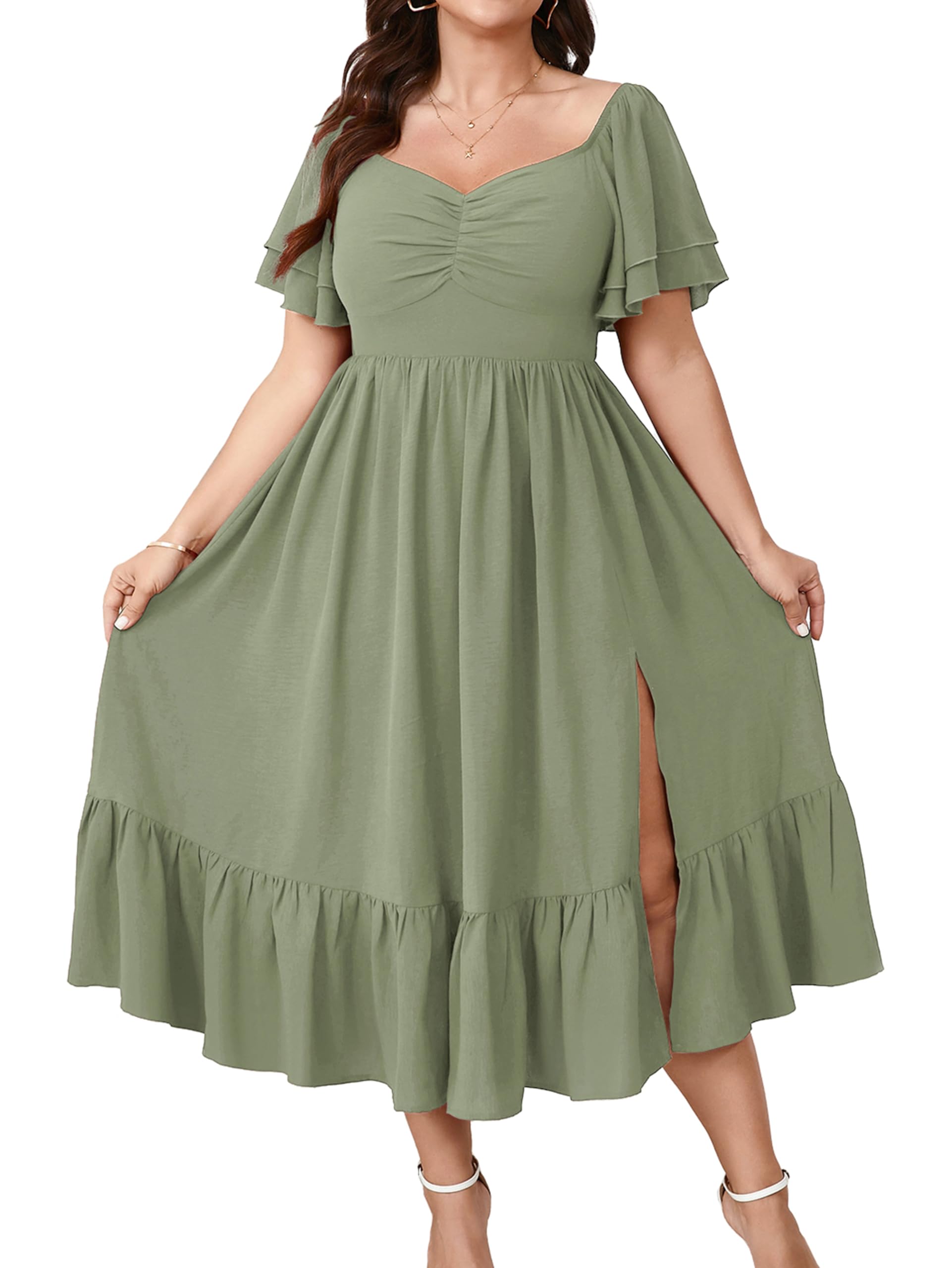 SCOMCHIC Vestido largo para mujer, talla grande, para invitada de boda, con escote corazón, manga corta, fruncido, con volantes, abertura