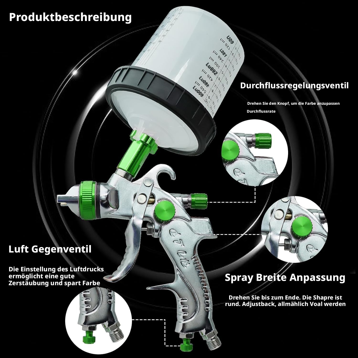 HVLP - Pistola a spruzzo per verniciatura, 3 ugelli da 1,4 mm, 1,7 mm, 2,0 mm, sistema di spruzzo professionale con 600 ml, tazza di plastica, 10 pezzi, 600 ml, con regolatore di pressione dell'aria