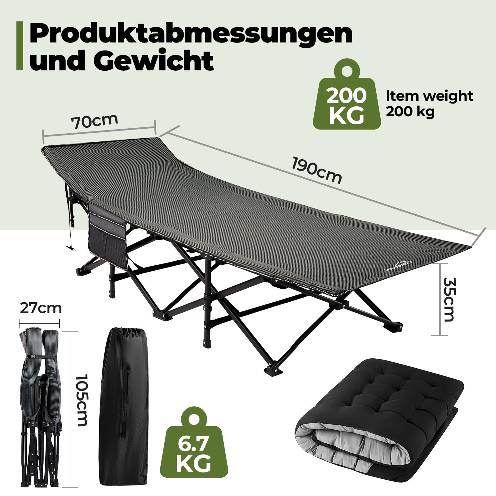 Łóżko Polowe Składane Lekkie do 200 kg z Materacem, na Kemping, Użytek Wewnątrz i na Zewnątrz, Plażę i do Ogrodu (Czarno-Szare)