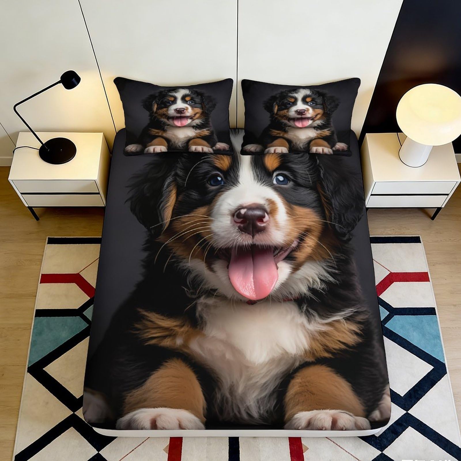 3D Printed Bernese Mountain Dog Fitted Sheet Microfiber Soft Breathable Puppy Mattress Cover for Bedroom Guest Room Decor 200x200x25cm