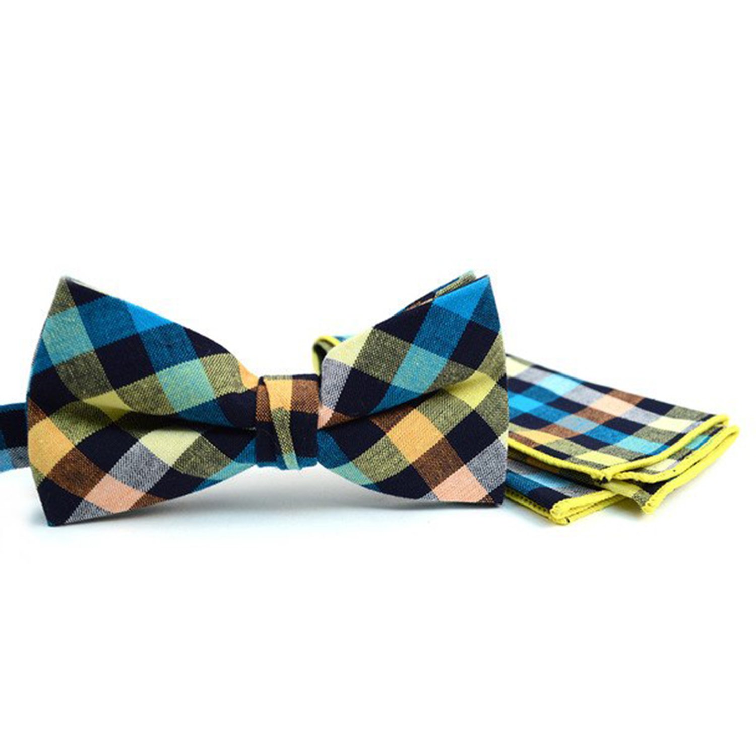Men's Multi-colored Plaid Cotton Bow Tie and Matching Hanky Set