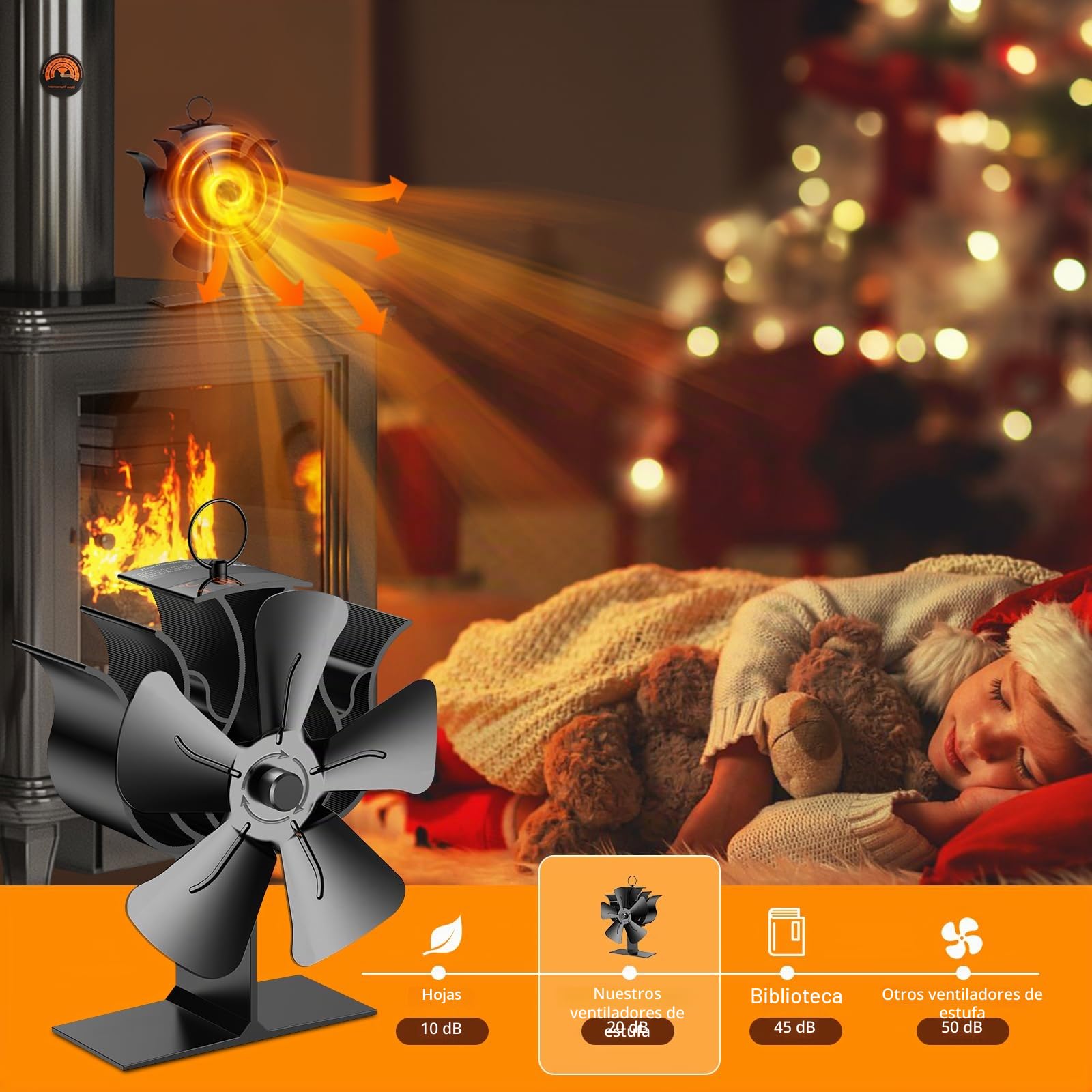 Ventilador de Estufa 5 Aspa, Ventiladores para Chimeneas Ventilador Estufa Leña para, Operación Silencioso Automático Estufas de Leña Ventilador Circulación de Aire Caliente Con Termómetro