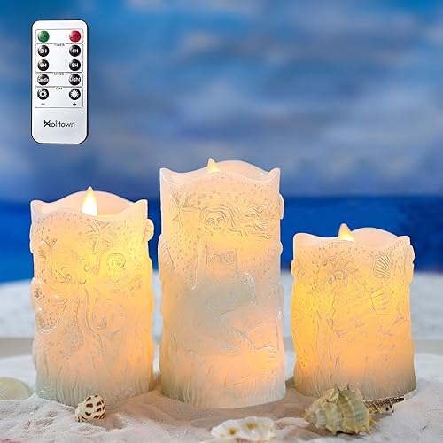 Miniatura 9 de Holitown Velas sin llama con control remoto, funciona con pilas, decoración de sirena oceánica, cera real, mecha móvil, luces de pilar azul para