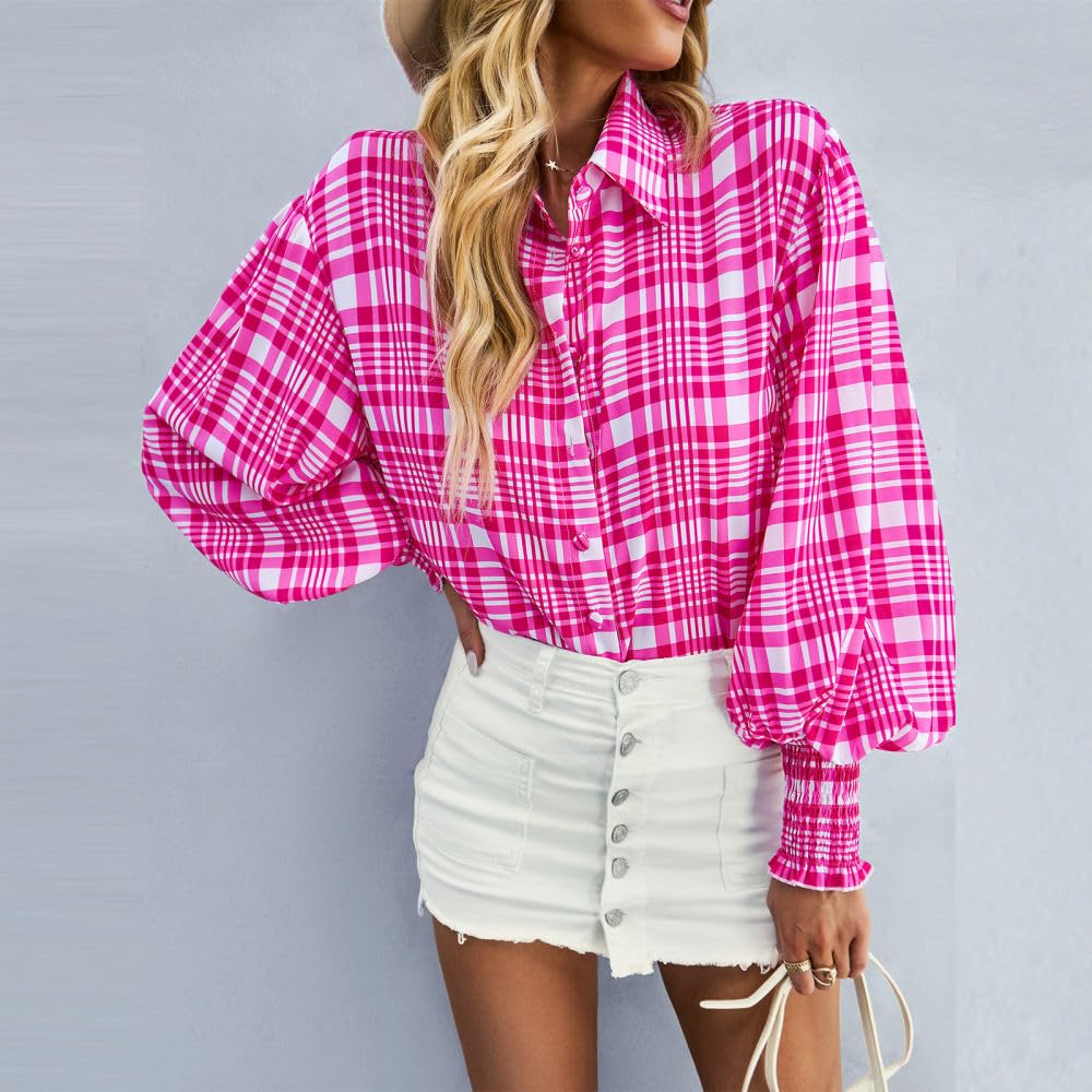 Langarmshirt Damen,Lässige Bluse Für Damen, Revers, Button Down Hemdjacke, Rosarot, Gestreift, Kariert, Blumendruck, Stilvolles Hemd, Puffärmel, Elegante Bluse, Arbeits Und Ausgeh Blusenoberteile