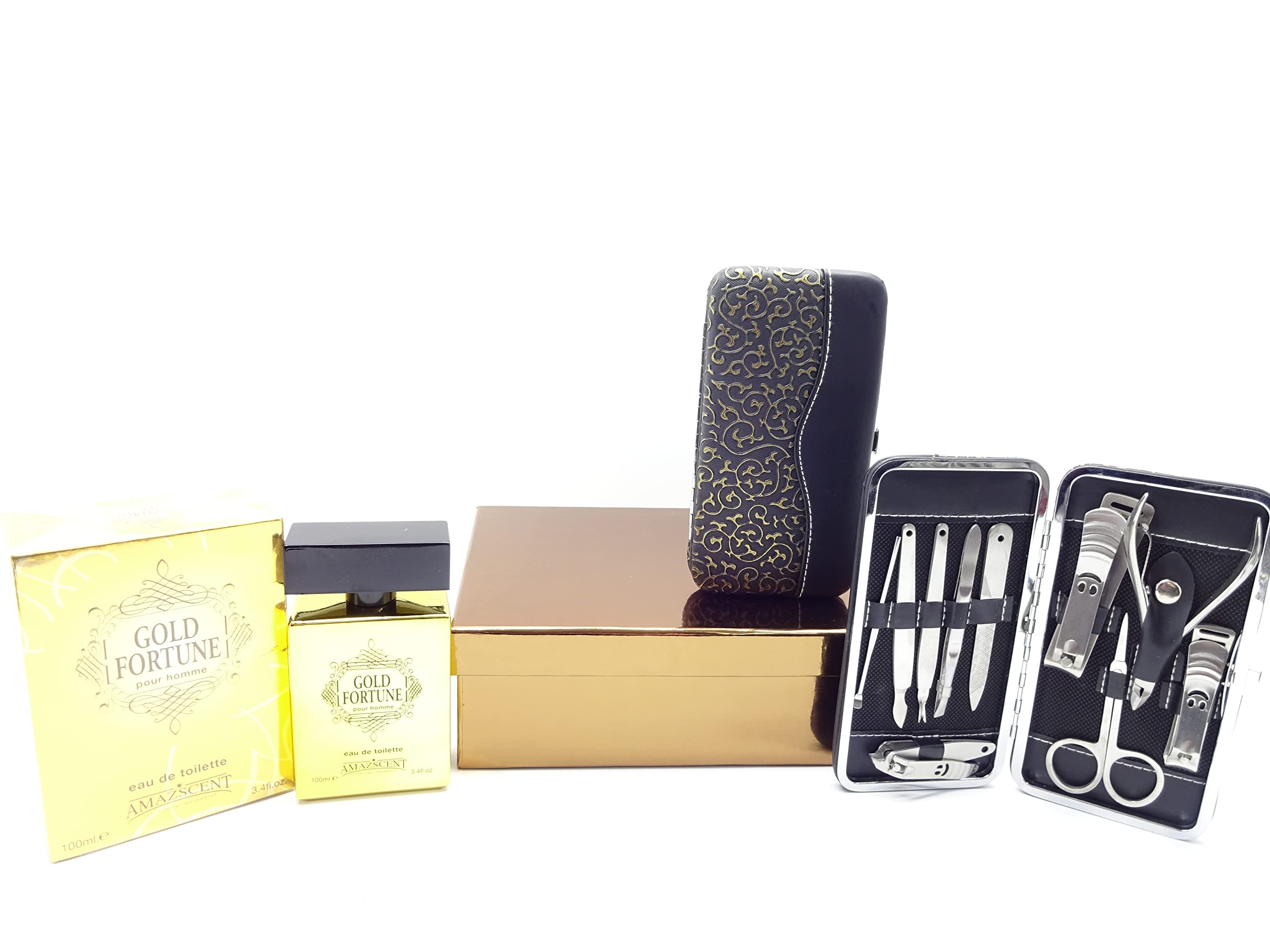 Coffret cadeau de luxe pour homme – Gold Fortune pour homme 100 ml Eau de toilette pour homme + kit de manucure personnel en acier inoxydable 10 cs dans une boîte cadeau