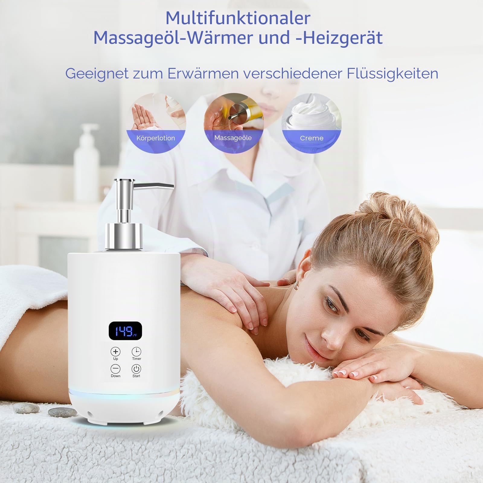 Massage Öl Wärmer, iklestar Massage Öl Flasche Digital-Heizung Gerät mit Atmosphäre Licht, Elektrische massageöl erwärmer Creme beheizt Spender Gua Sha Roller Kit für Spa, Salon und Home Use, Weiß