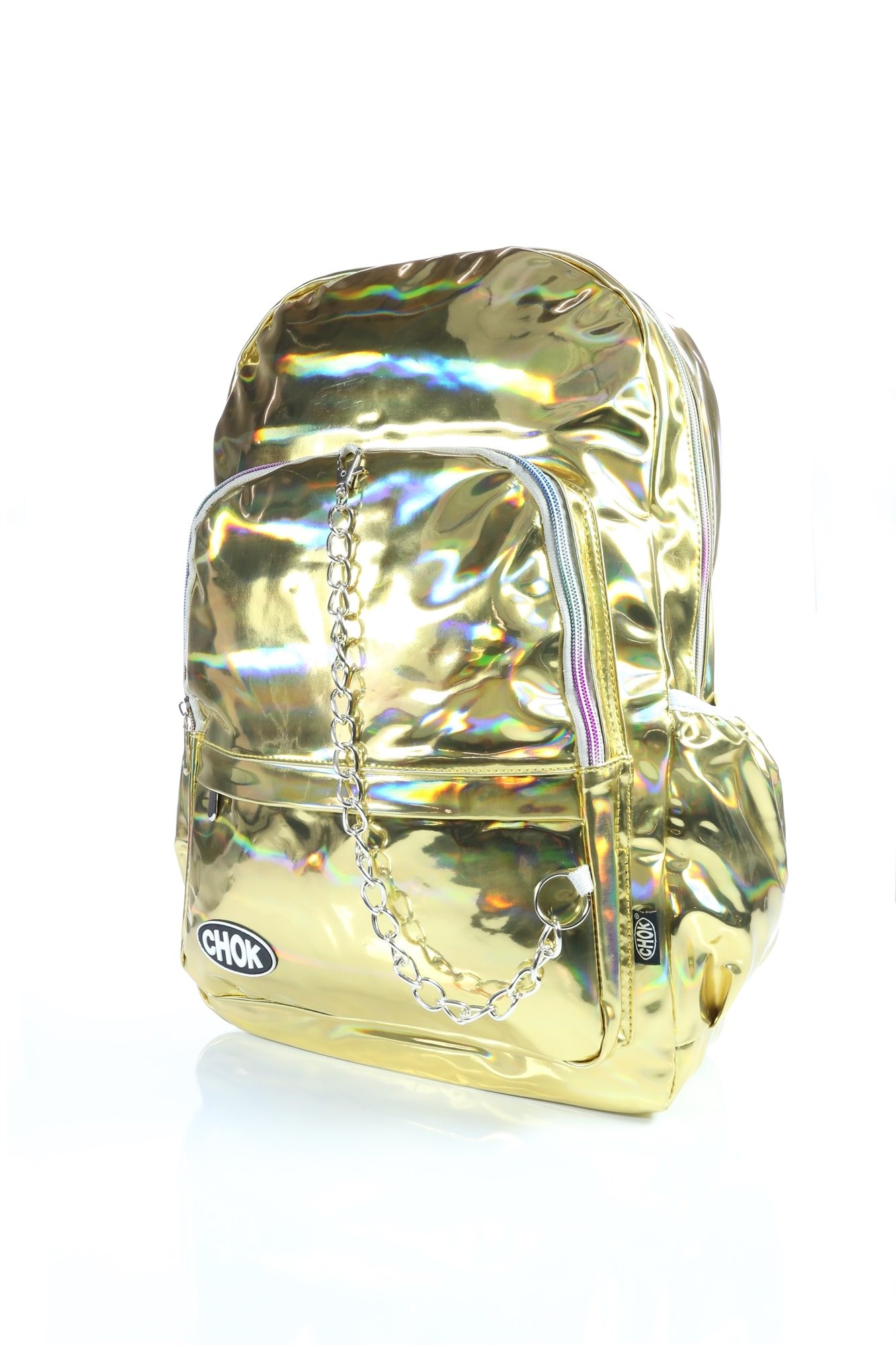 CHOK Holo Gold Hologram Backpack Rucksack Bag with Laptop Protection | School College Unisex Travel | Holographic Reflective Mirror Cool Effect