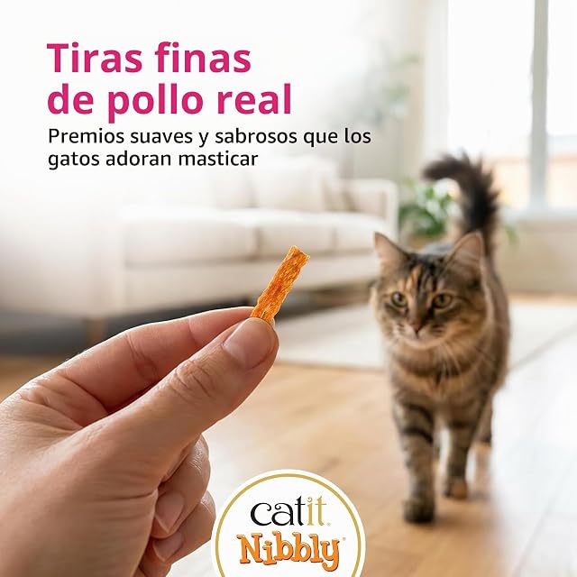Foto 2 de 4 de Catit Nibbly Grills Snack seco saludable para gatos, tiras de pollo masticables, Pollo y Gambas, 30g