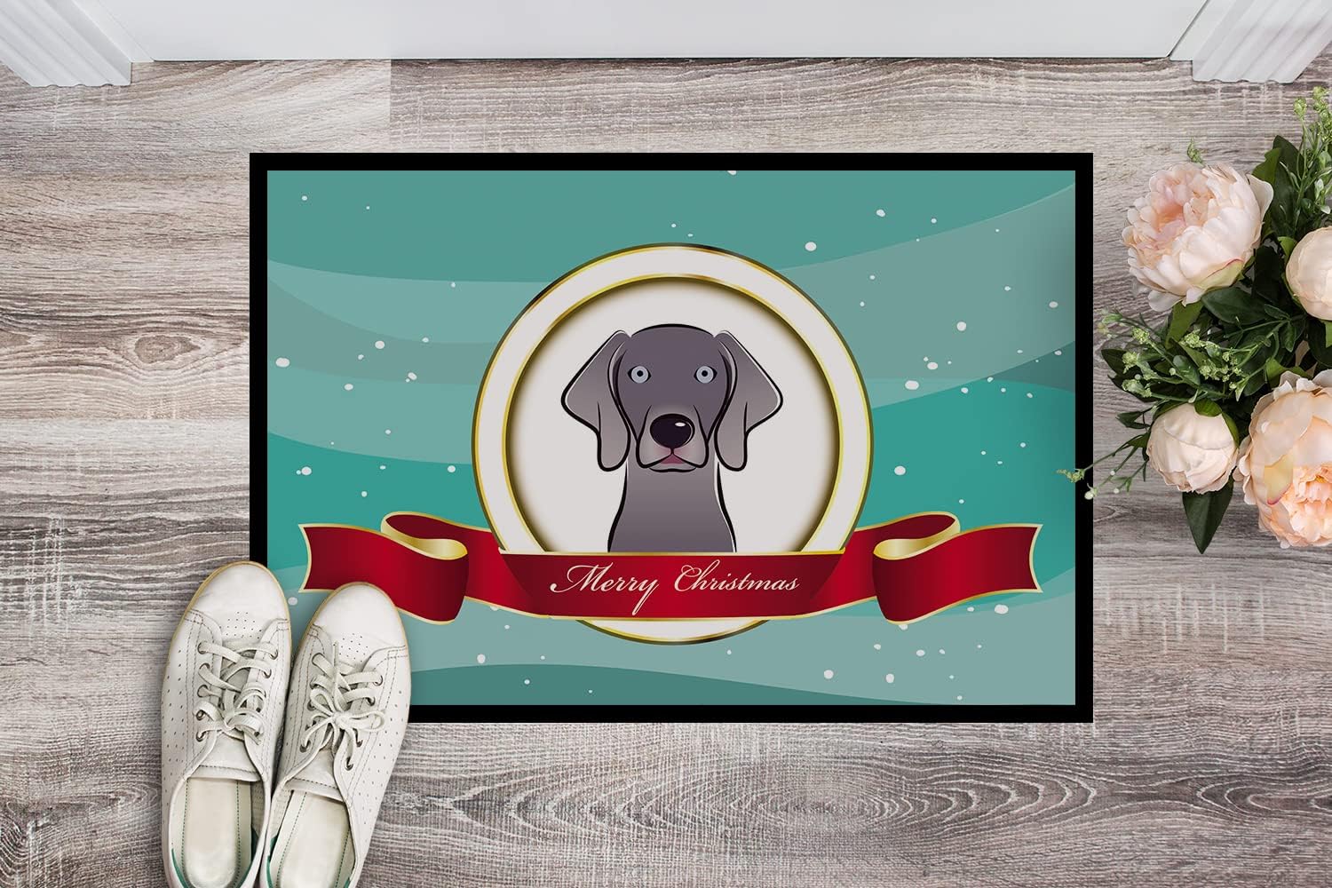 Caroline's Treasures BB1541MAT Weimaraner Merry Christmas Doormat 18x27 Front Door Mat Indoor Outdoor Rugs for Entryway, Non Slip Washable Low Pile, 18H X 27W