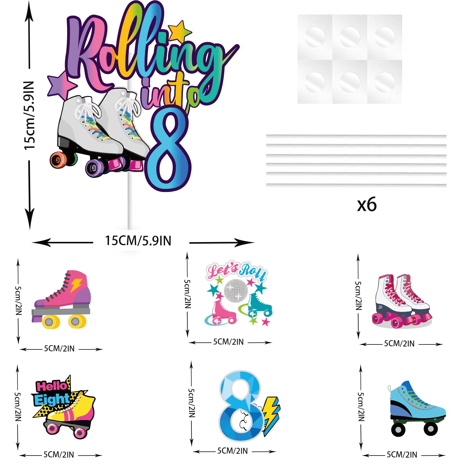 7Pcs Rolling into 8 Theme Cake Toppers Sets Roller Skate Happy 8th Birthday Themed Set Cake Decoration Girls Club Rolling 8 Years Old Supplies Girls Retro Colorful Hip Hop