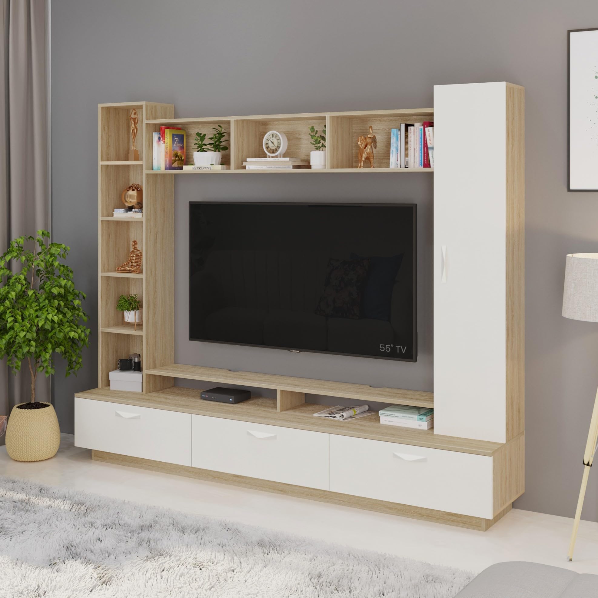 BLUEWUD Fenily Engineering Wood TV Entertainment Unit Set Top Box Stand/TV Cabinet with Shelves for Books & Décor Display Unit Bed Living Room 60 Inches (European Oak & White)