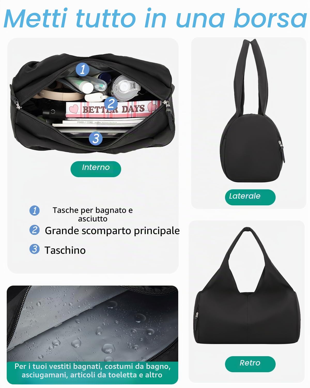 Borsone Palestra Donna Borsa da Sportiva/Viaggio/Piscina/Yoga con Scomparto per Scarpe 25L Nylon Sports Gym Duffle Bag (Nero)