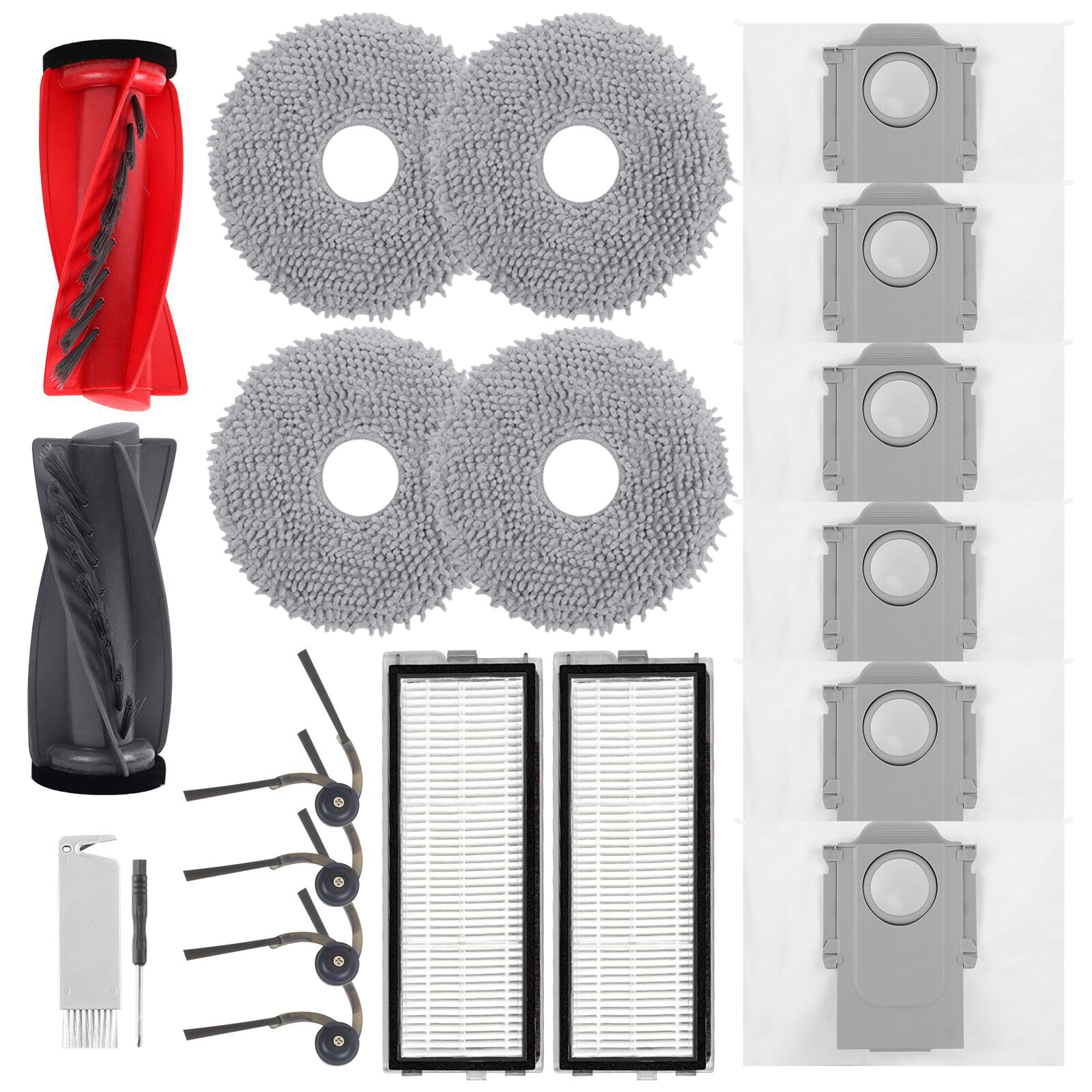 Qrevo S5V Zubehör für Roborock Qrevo S5V,Qrevo Curv/Curv S5X,Qrevo Edge,Qrevo Edge S5A Staubsauger,1 Hauptbürsten,2 HEPA-Filter,6 Staubbeutel,4 Wischtücher,4 Seitenbürsten,1 Bürste,20Pcs Ersatzteilset