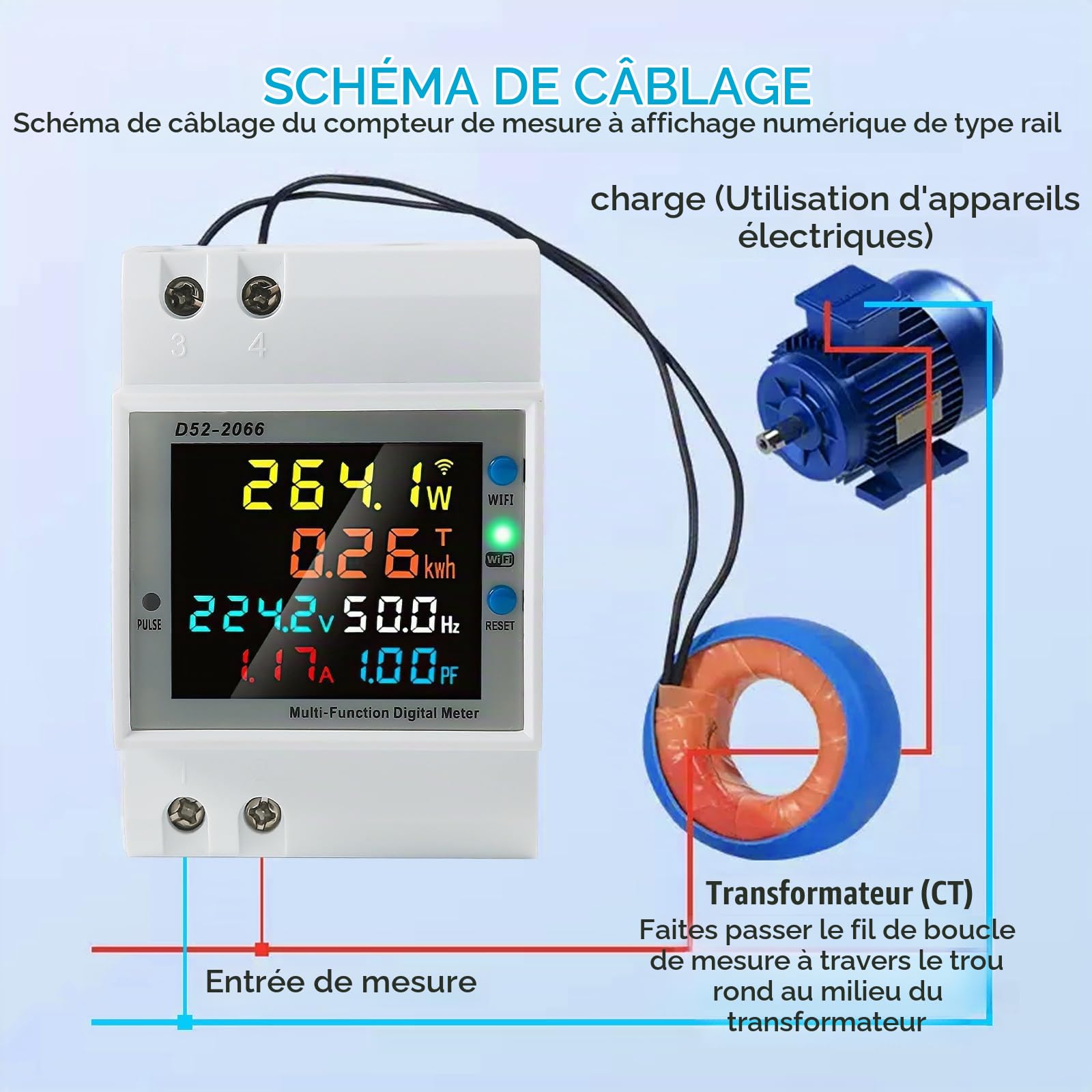Jadeshay WiFi Compteur d'Énergie Monophasé, 6 en 1 Compteur Electrique Wattmetre Wifi LCD Voltmètre Ampèremètre Numérique pour Rail DIN Compteur KWh AC40-300V 100A(CT externe)